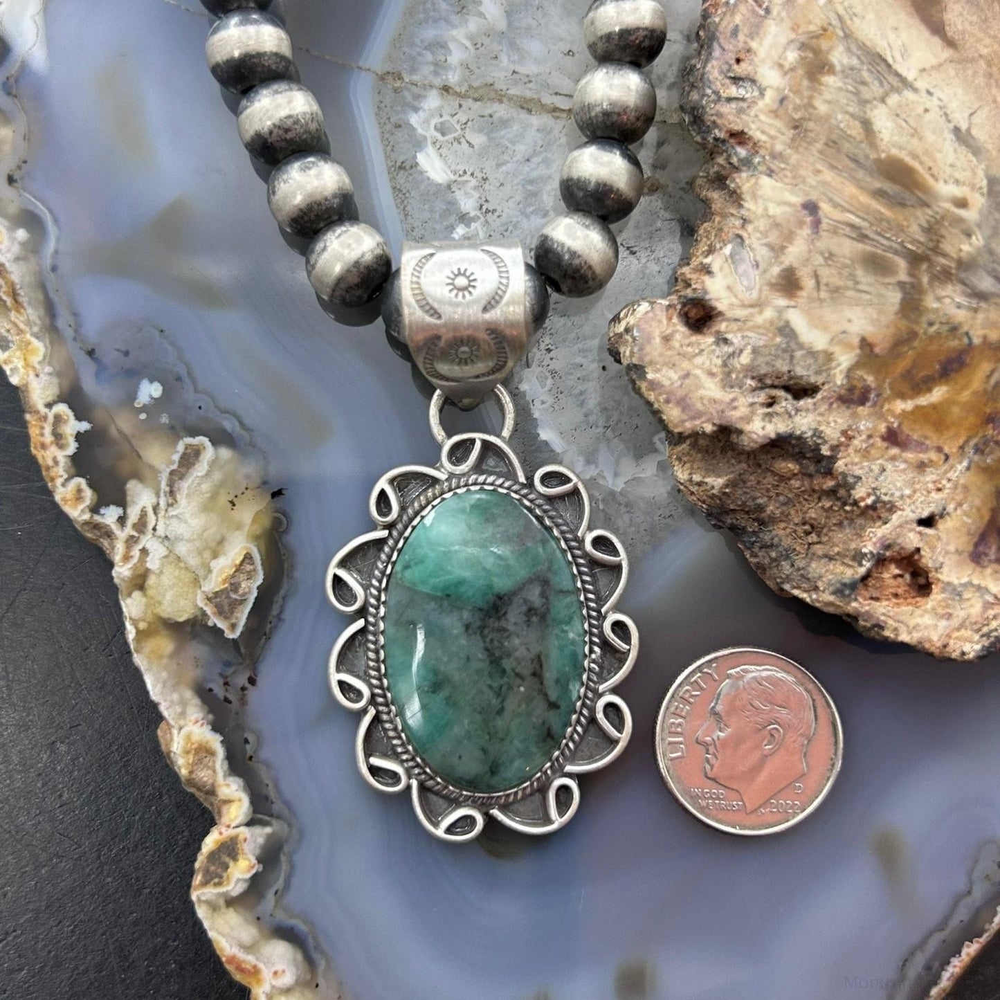 Sterling Silver Southwestern Style Oval Emerald Decorated Pendant For Women
