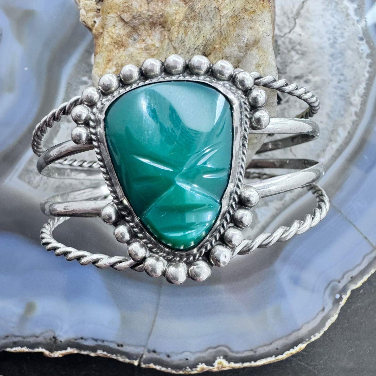 Vintage Mexican Sterling Silver Curved Tribal Mask Face Green Onyx Bracelet For Women