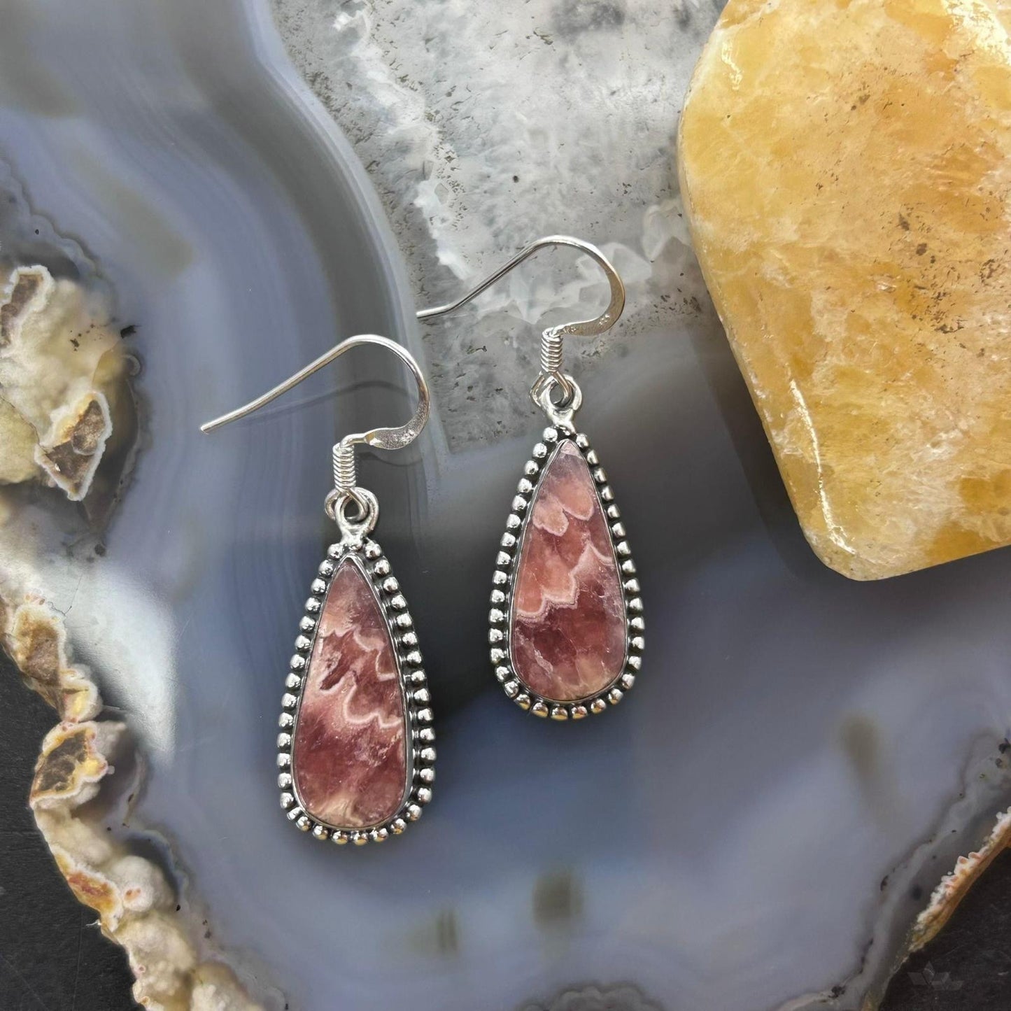 Sterling Silver Southwestern Style Teardrop Rhodochrosite Dangle Earrings For Women