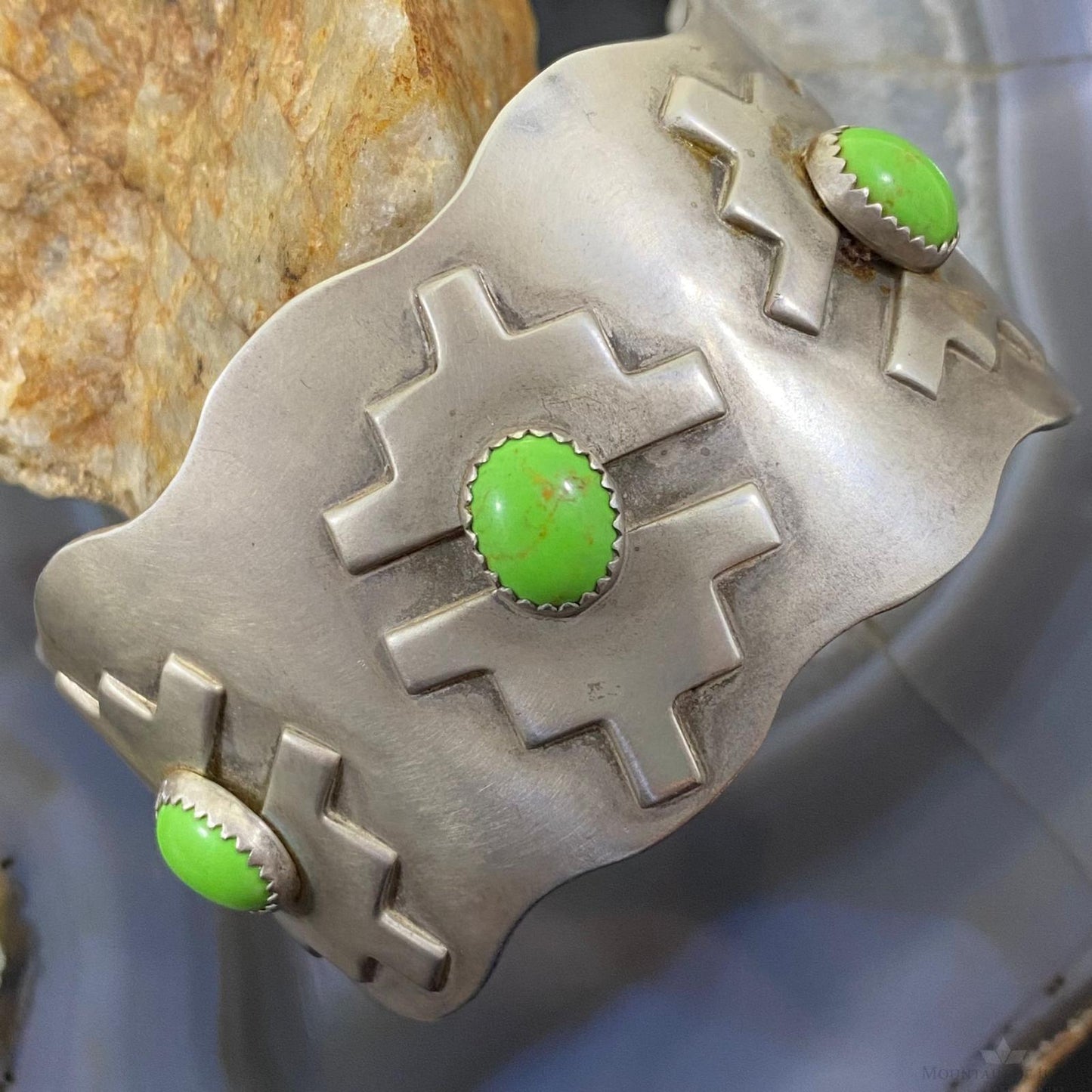 Kevin Rey Coriz Native American Sterling Silver Gaspeite Overlay Motif Bracelet For Women