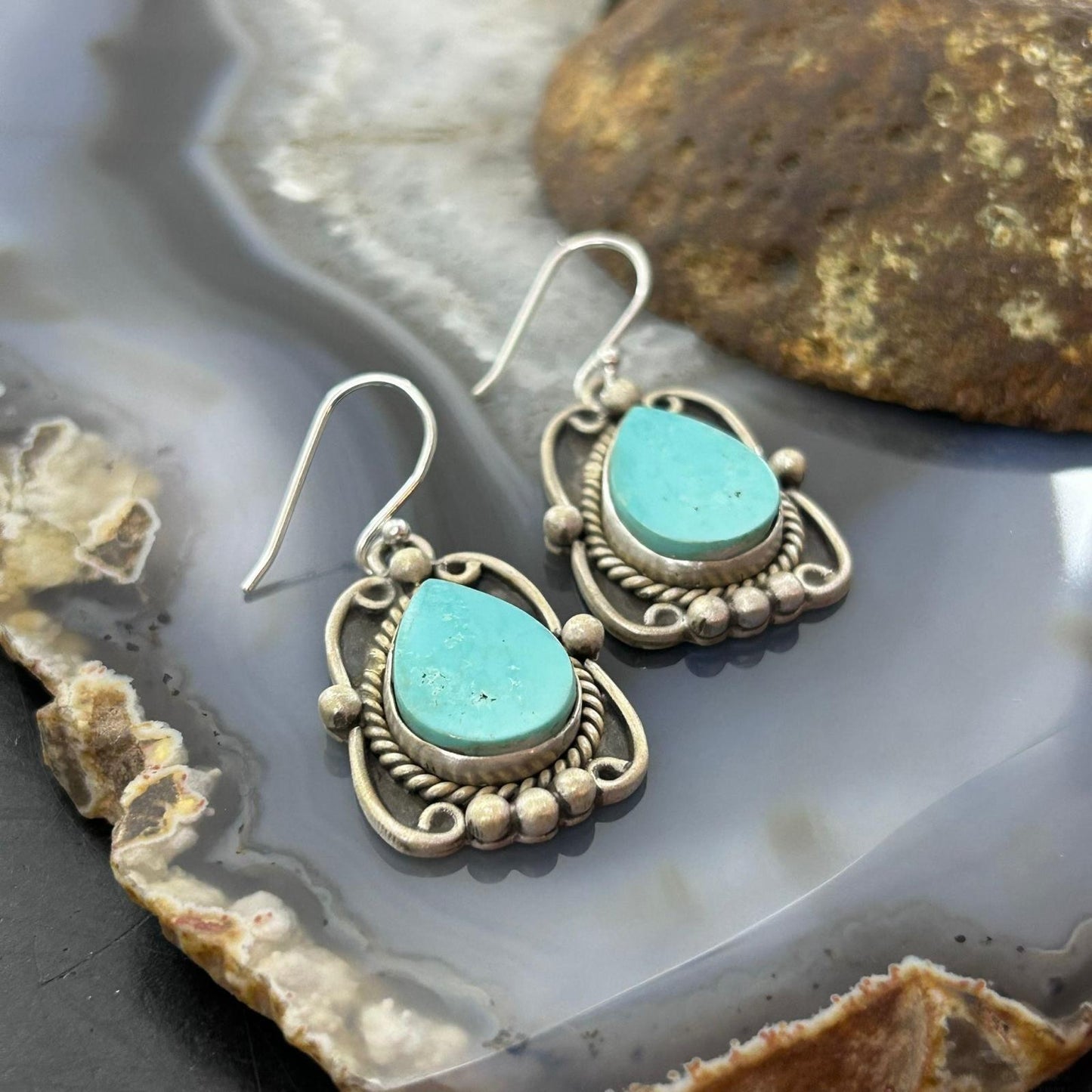 Sterling Silver Southwestern Style Turquoise Decorated Dangle Earrings For Women #4