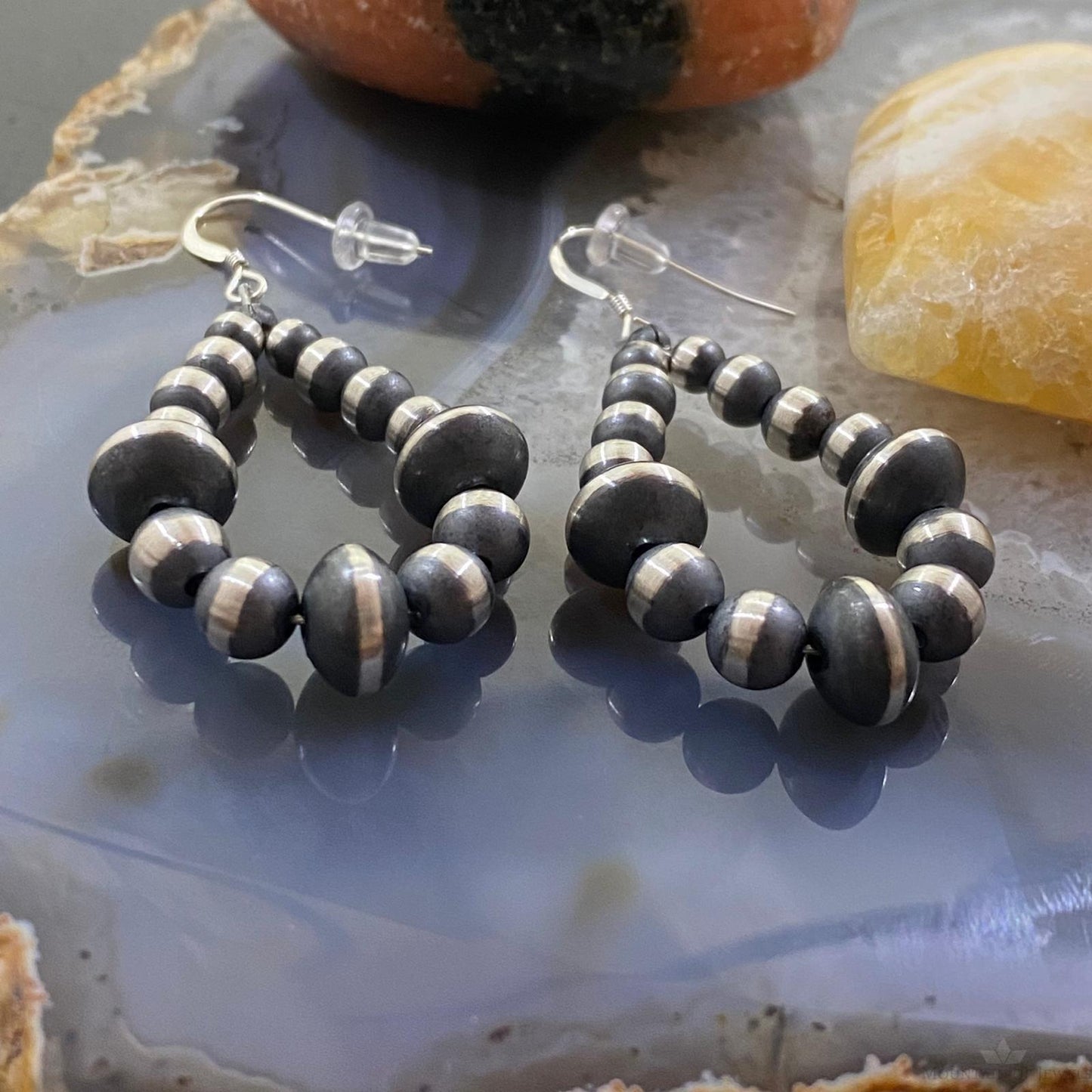 Navajo Pearl Bead 4-5mm & Saucer 9 mm Sterling Silver Dangle Earrings For Women