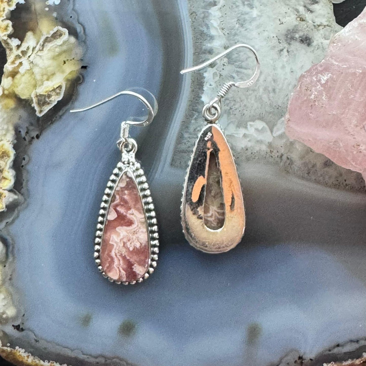 Sterling Southwestern Style Teardrop Rhodochrosite Dangle Earrings For Women