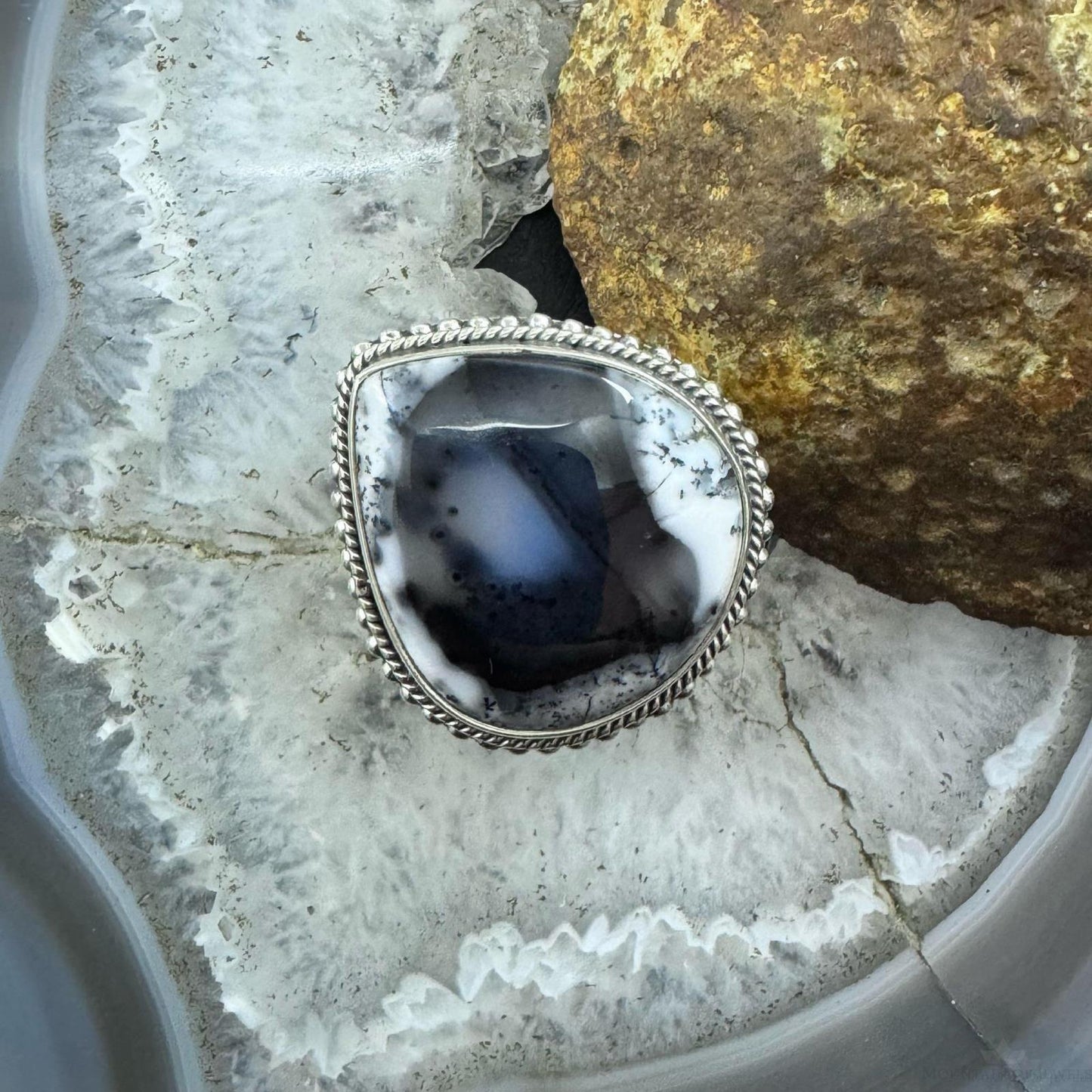 Sterling Silver Southwestern Style Teardrop Dendrite Agate Ring Size 7.5 For Women