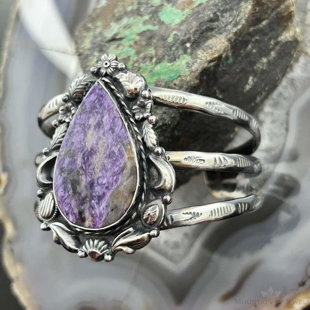 Sterling Silver Southwestern Style Teardrop Charoite Decorated Bracelet For Women