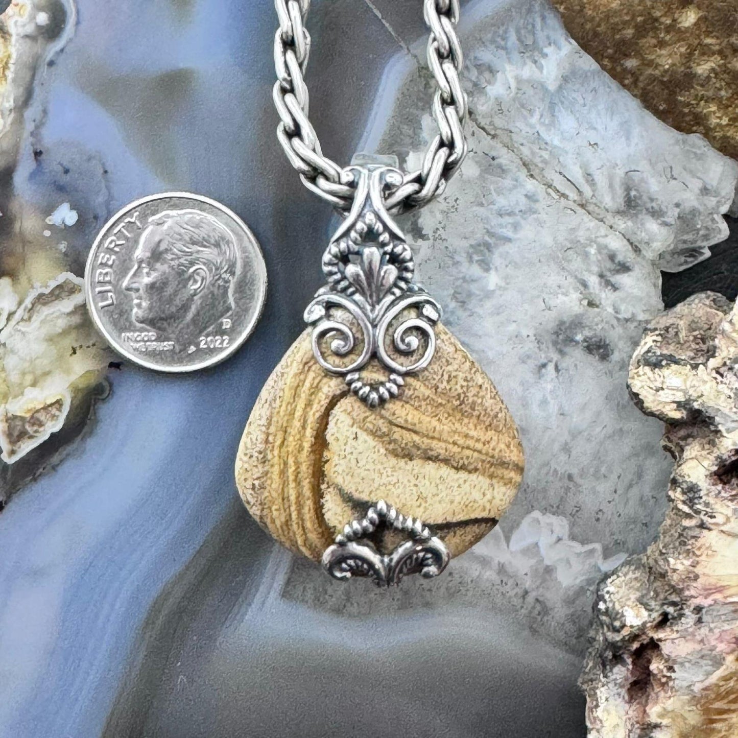 Carolyn Pollack Sterling Silver Wide Pear Picture Jasper Decorated Enhancer Pendant For Women