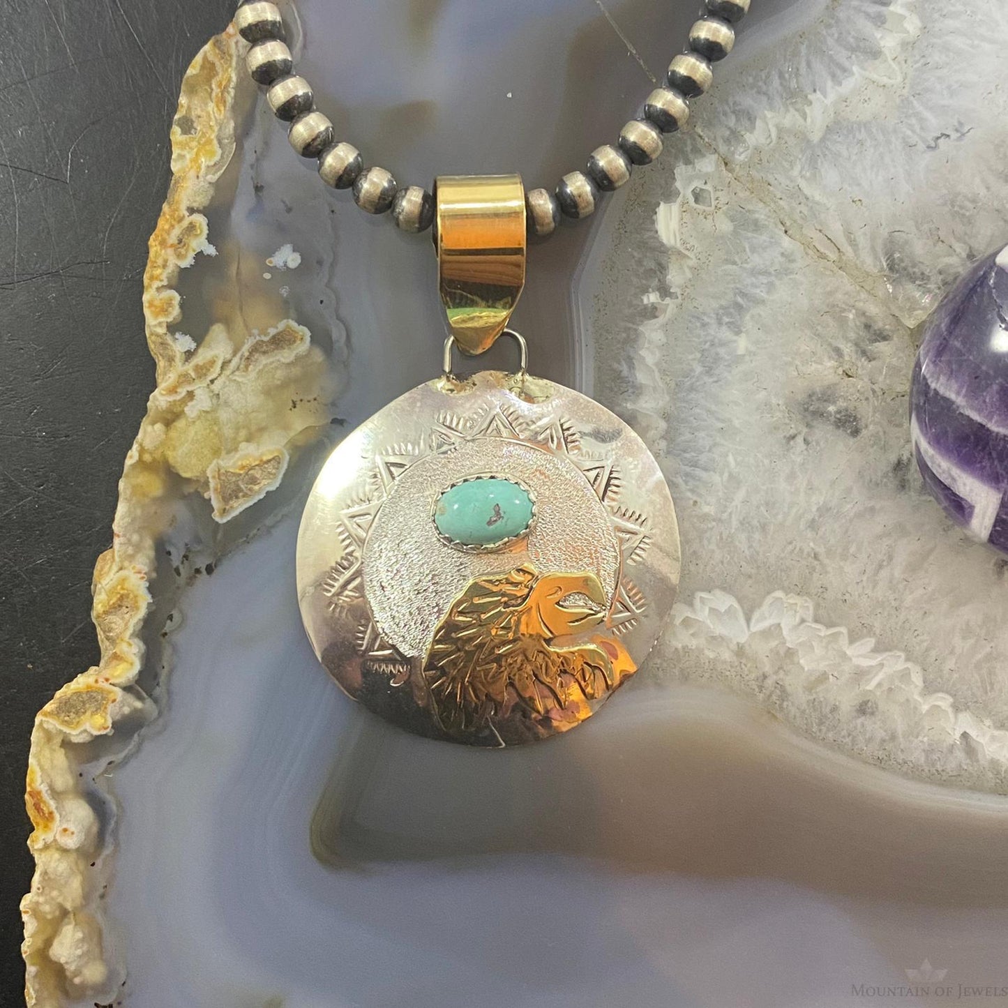 Native American Sterling Silver, GF Eagle Oval Turquoise Pendant For Women