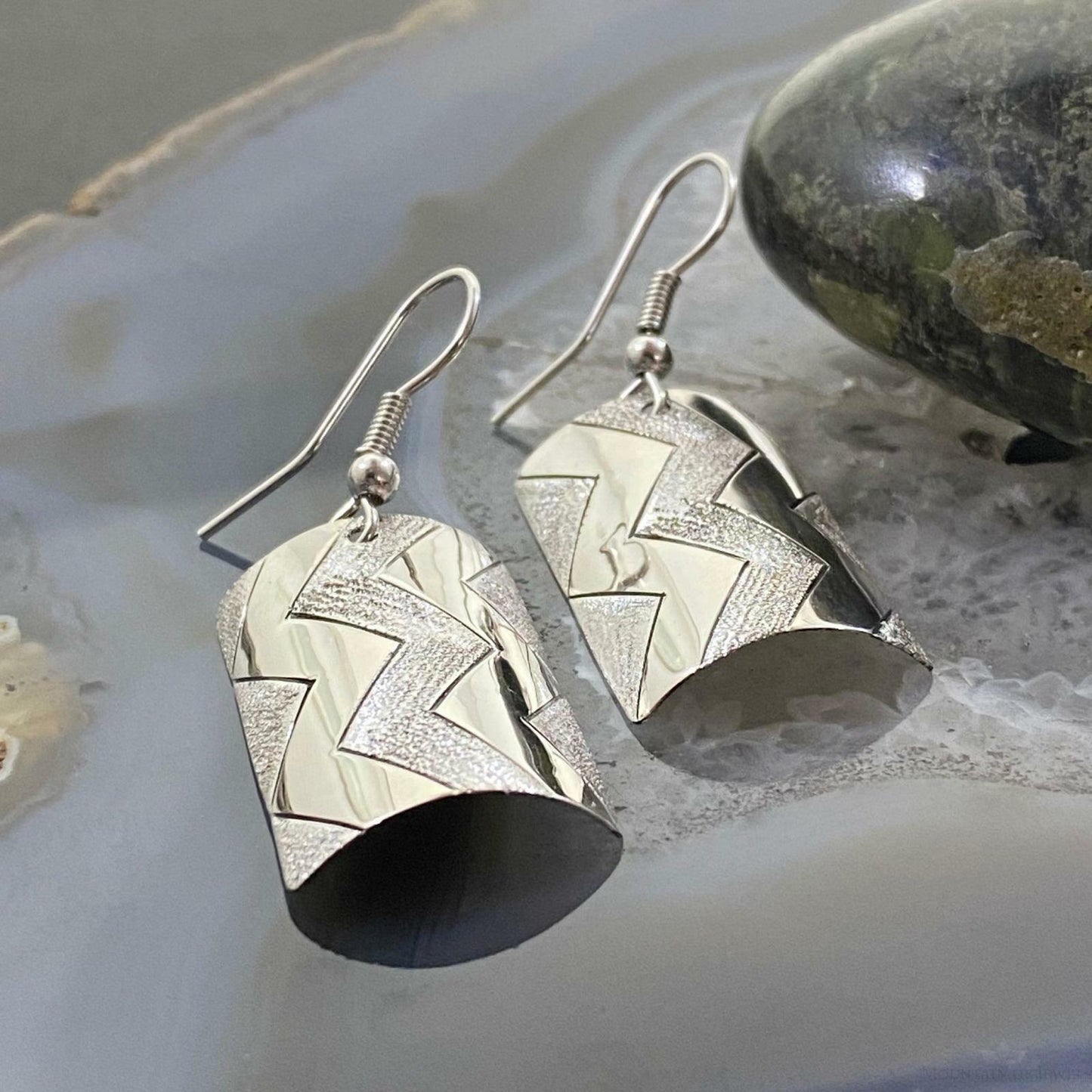 Sterling Silver Pattern Stamped Texture Curved Dangle Earrings For Women #5