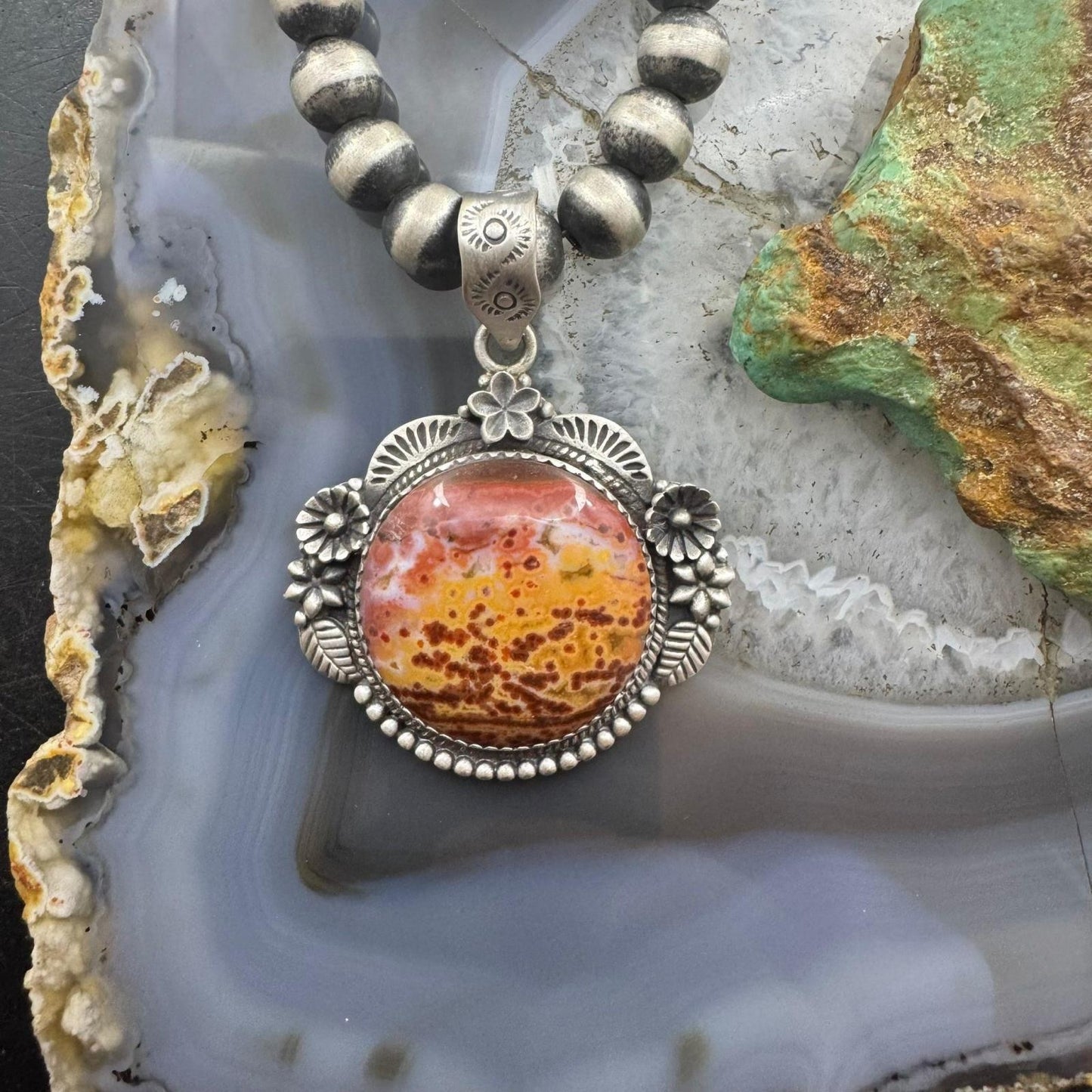 Sterling Silver Southwestern Style Round River Jasper Decorated Pendant For Women