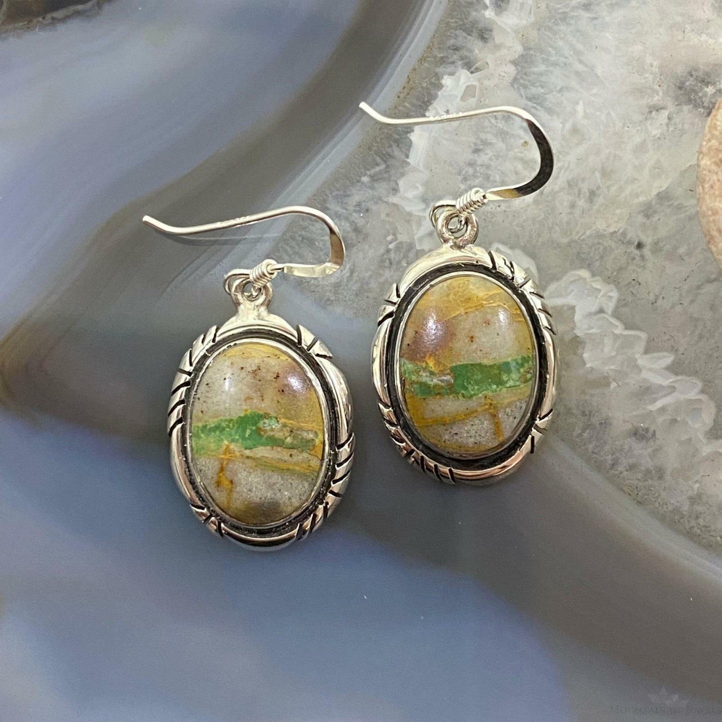 Native American Sterling Silver Oval Boulder Ribbon Turquoise Dangle Earrings