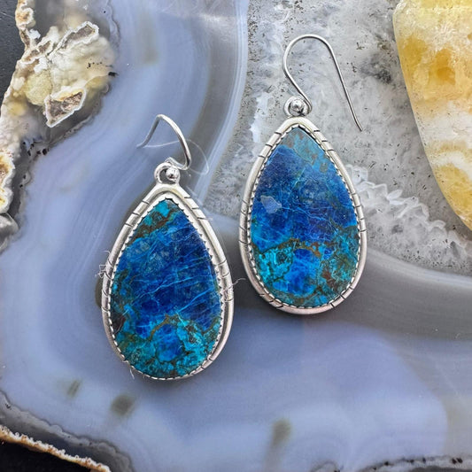 Sterling Silver Southwestern Style Elongated Teardrop Shattuckite Dangle Earrings For Women
