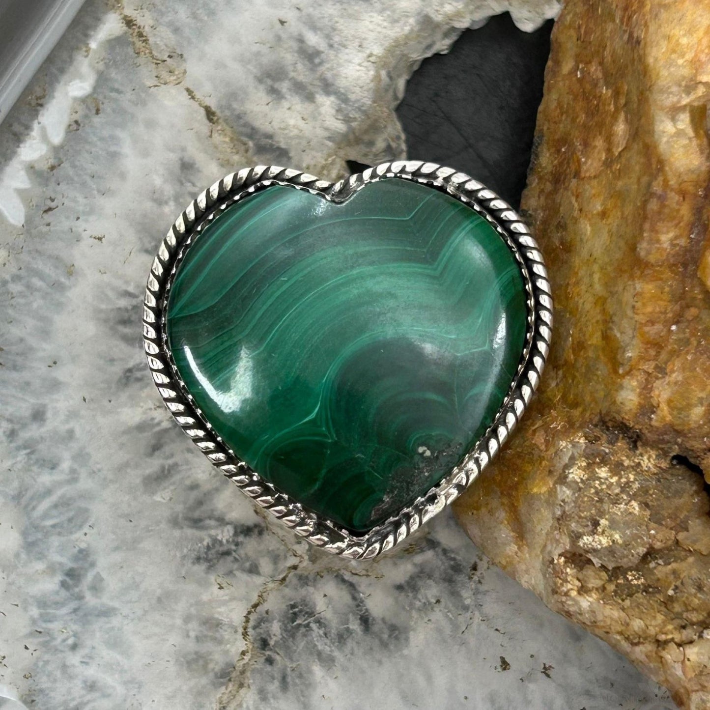 Sterling Silver Southwestern Style Malachite Heart Shape Ring Size 8 For Women