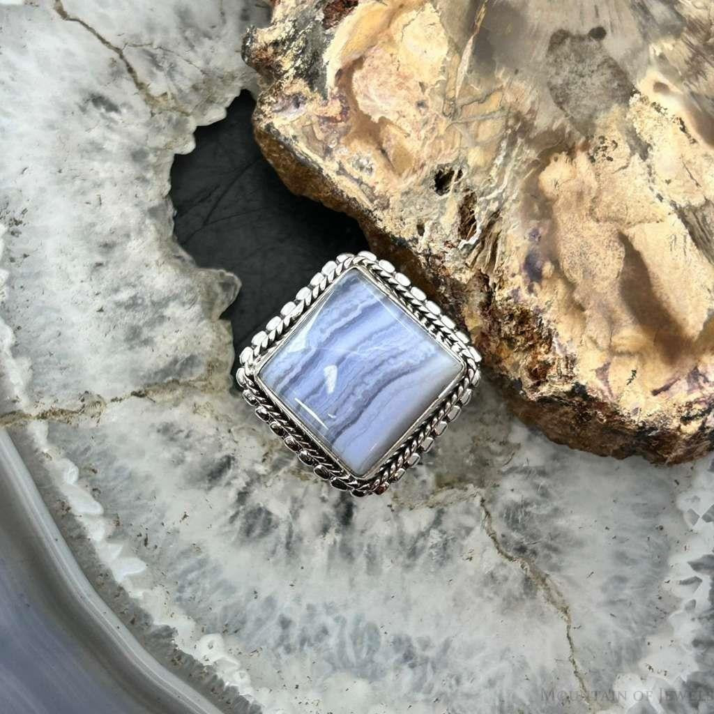 Sterling Silver Southwestern Style Square Blue Lace Agate Ring Size 7 For Women