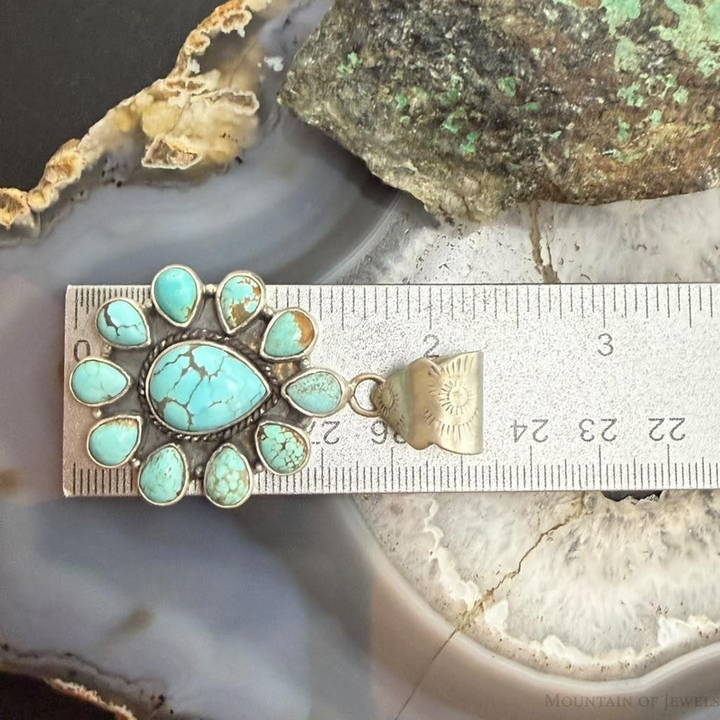 Sterling Silver Southwestern Style Teardrop Royston Turquoise Decorated Cluster Pendant