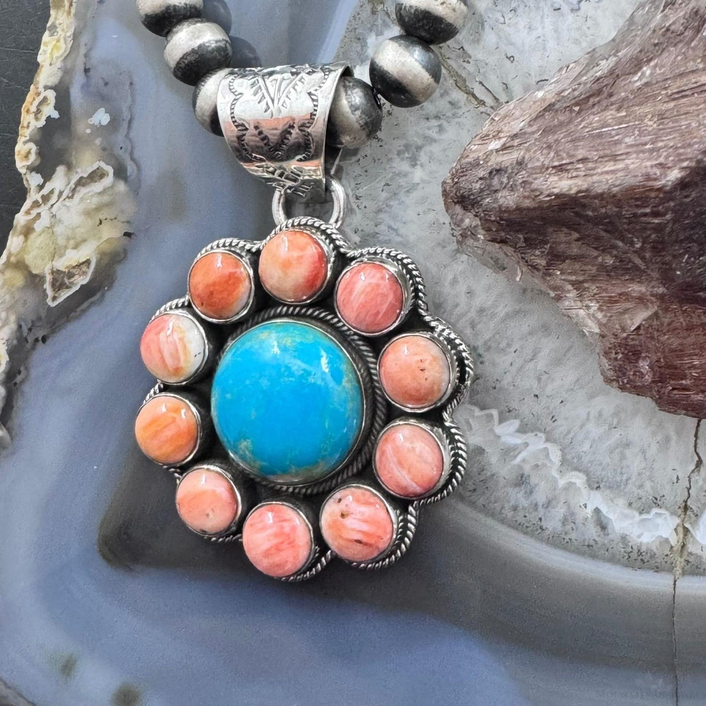 Native American Sterling Silver Turquoise & Orange Spiny Oyster Cluster Pendant For Women