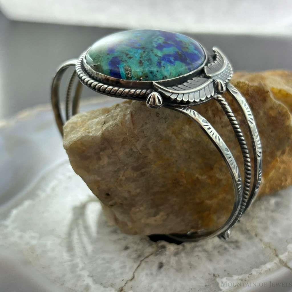 Sterling Silver Southwestern Style Large Oval Azurite Decorated Bracelet For Women