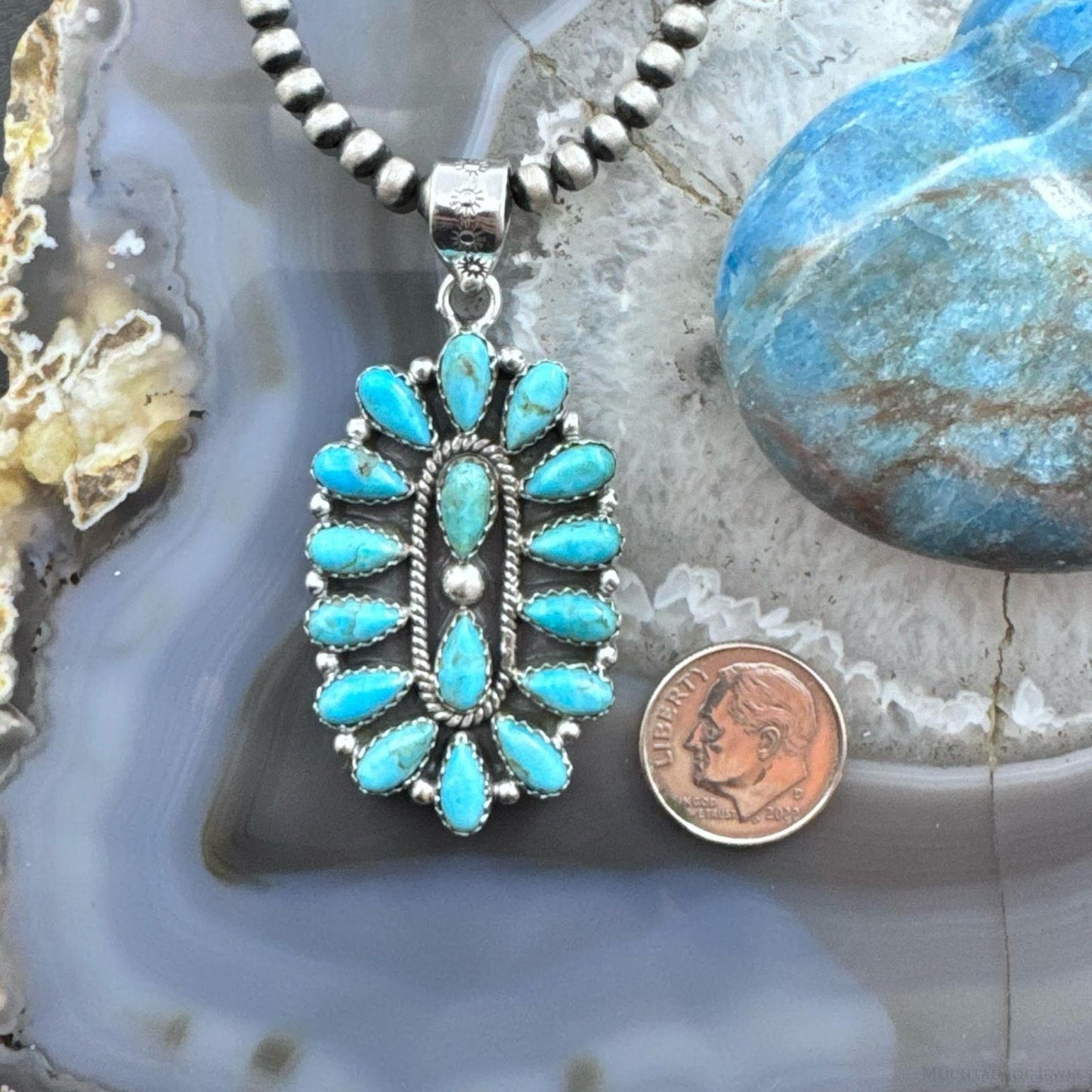 Sterling Silver Southwestern Style Turquoise Decorated Cluster Pendant For Women
