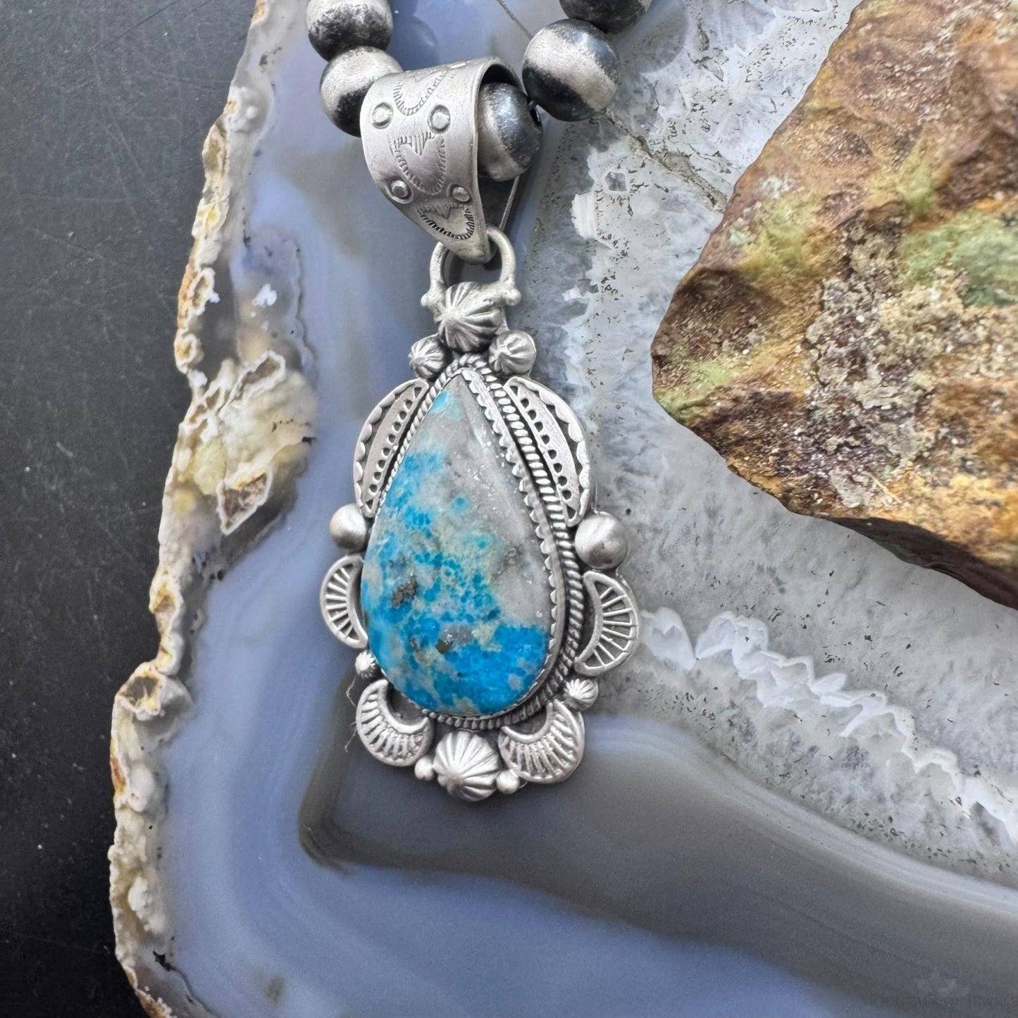 Sterling Silver Southwestern Style Teardrop Iranian Turquoise Decorated Pendant For Women