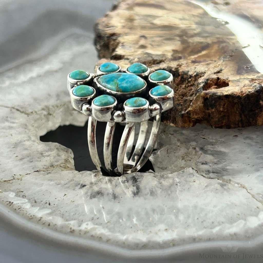 Sterling Silver Southwestern Style Mohave Turquoise Cluster Ring Size 8 For Women