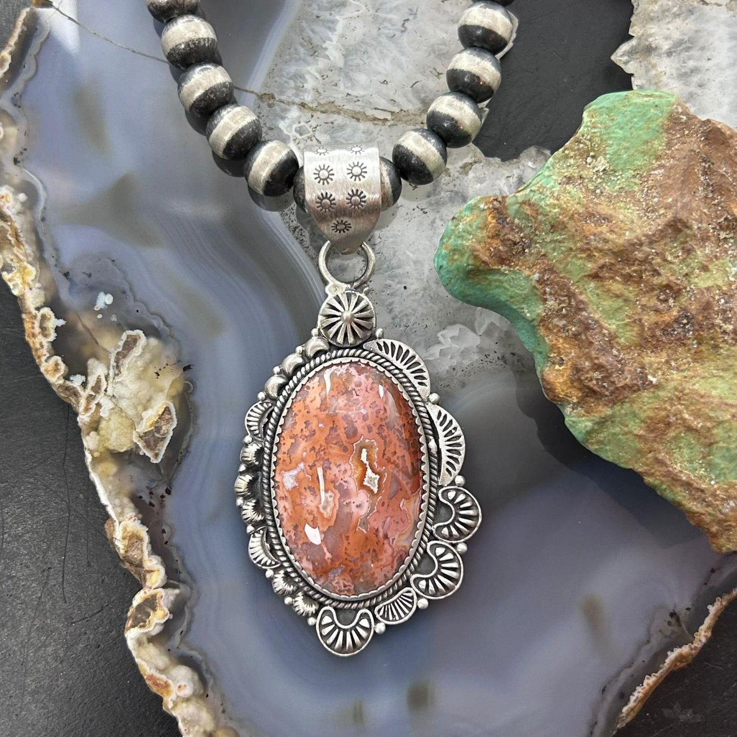 Sterling Silver Southwestern Style Oval Red Plum Jasper Decorated Pendant For Women