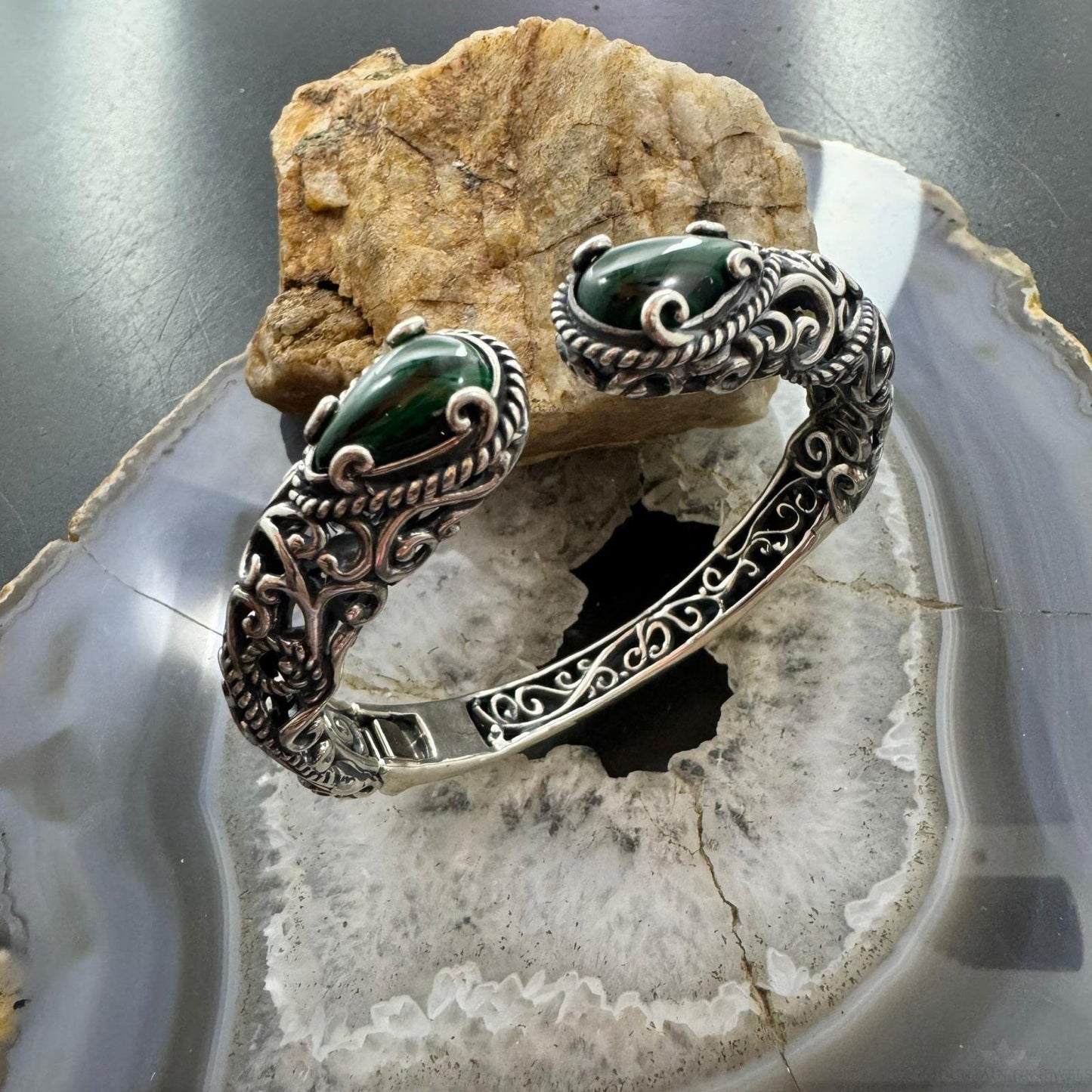 Carolyn Pollack Sterling Silver Malachite Decorated Hinged Bracelet For Women