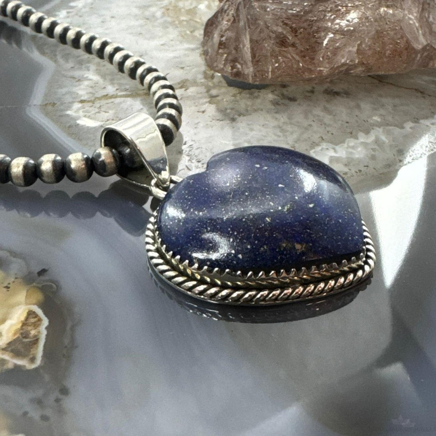 Sterling Silver Southwestern Style Lapis Heart Shape Pendant For Women