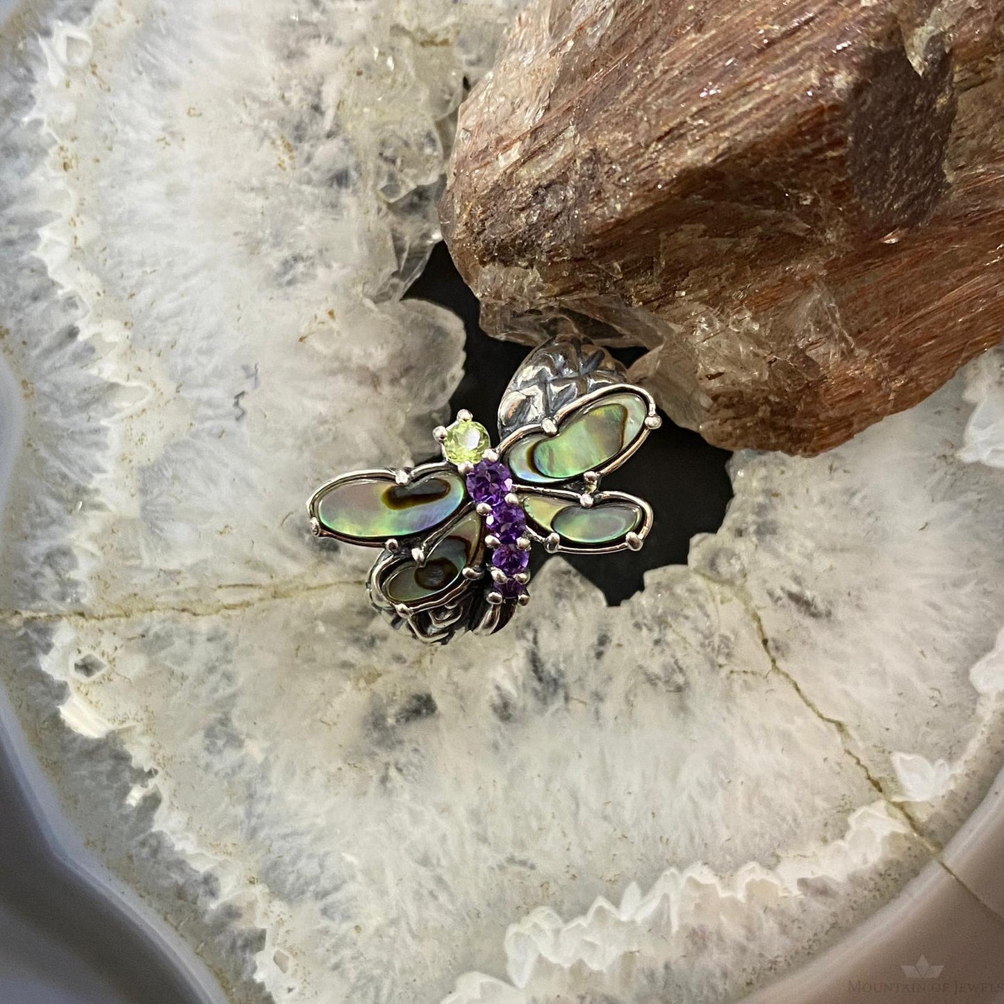 Carolyn Pollack Southwestern Style Sterling Silver Abalone, Amethyst & Peridot Dragonfly Ring For Women