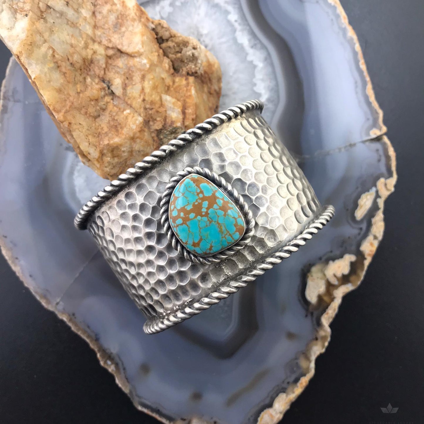 Tawney Cruz-Willie Sterling Silver Hammered Texture Turquoise Heavy Bracelet