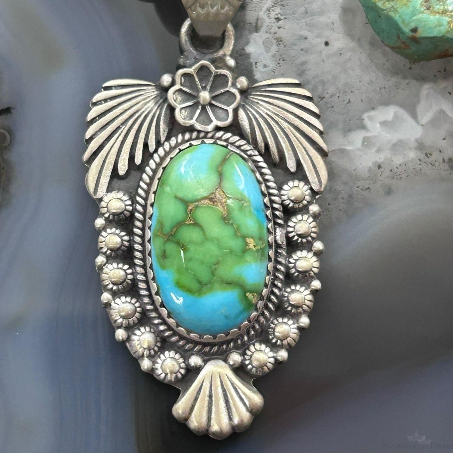 Sterling Southwestern Style Oval Sonora Gold Turquoise Leaves Decorated Pendant