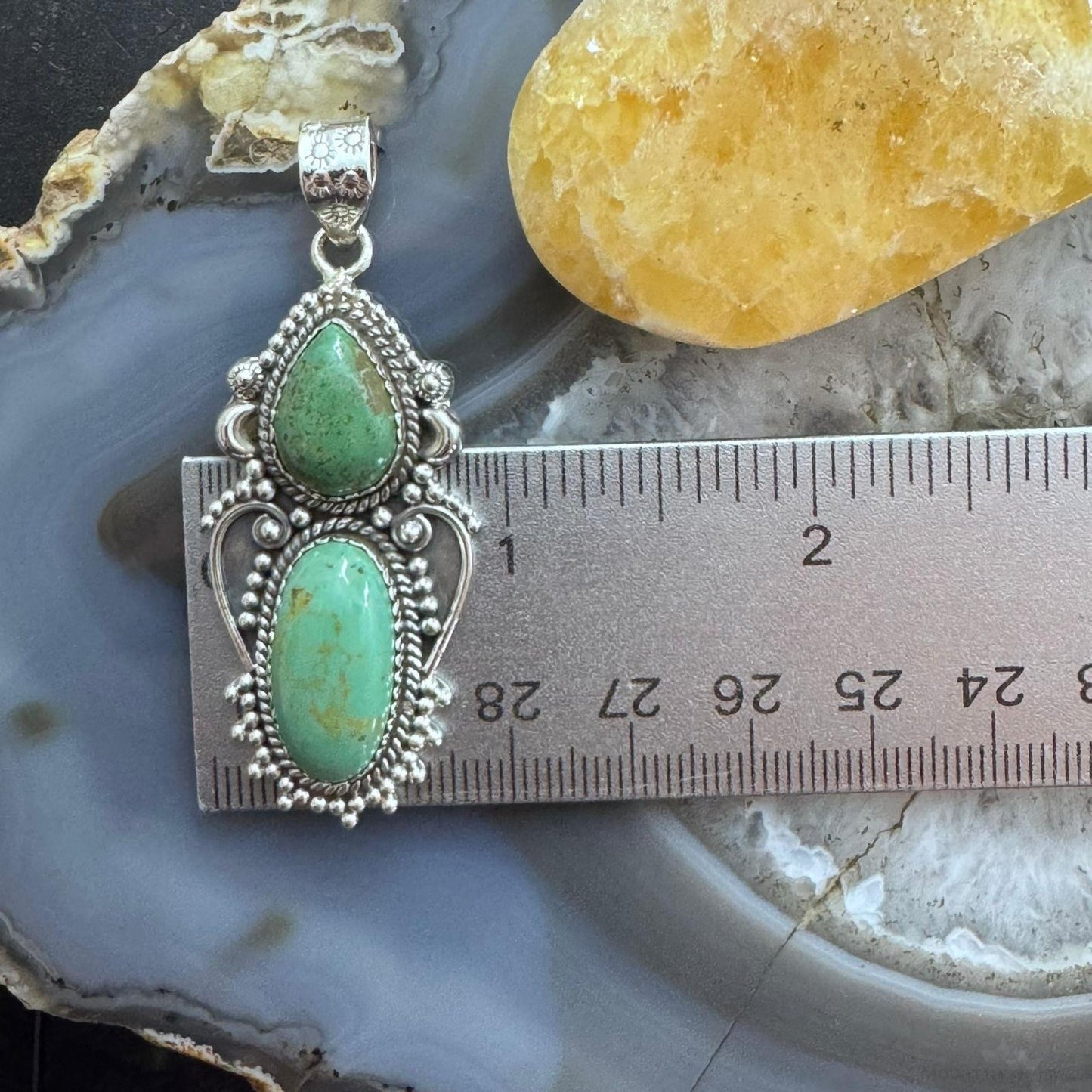 Sterling Silver Southwestern Style 2 Green Turquoise Decorated Pendant For Women