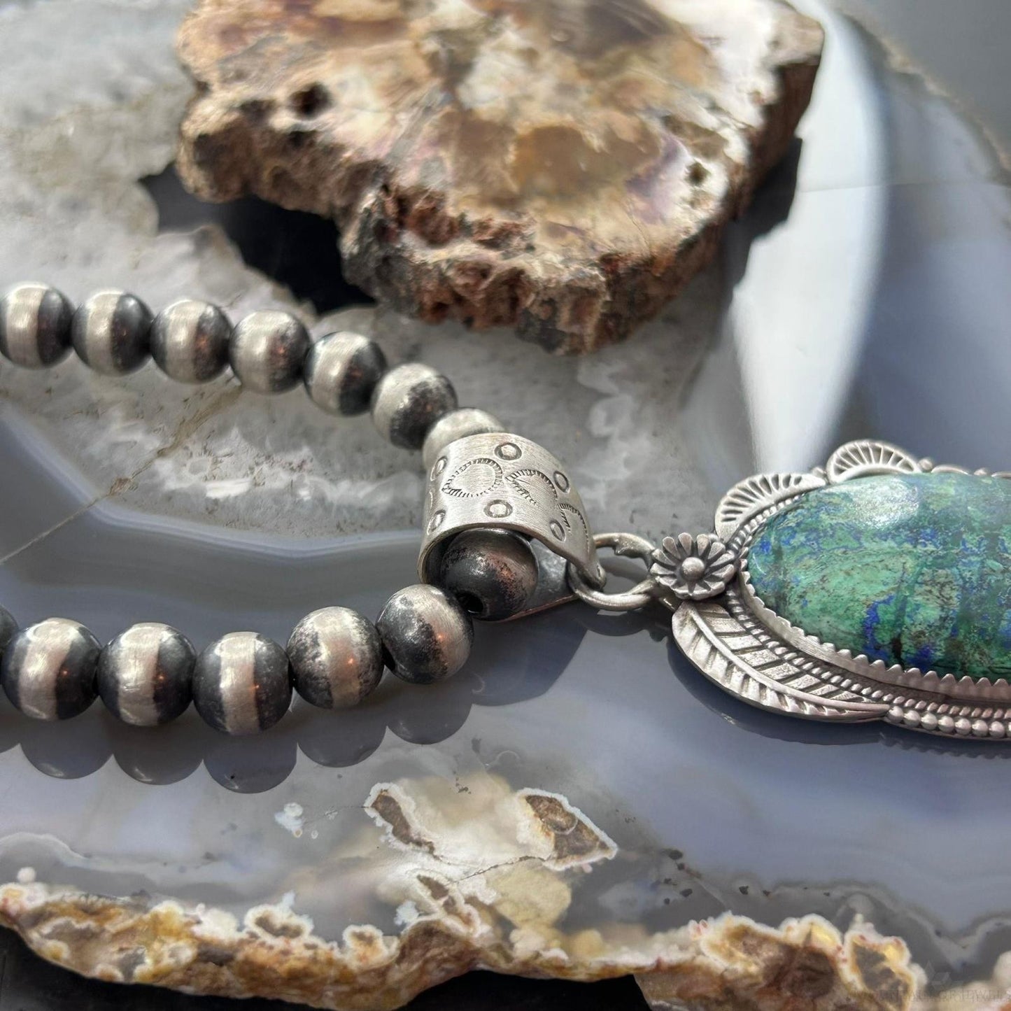 Sterling Silver Southwestern Style Elongated Chrysocolla Decorated Pendant For Women