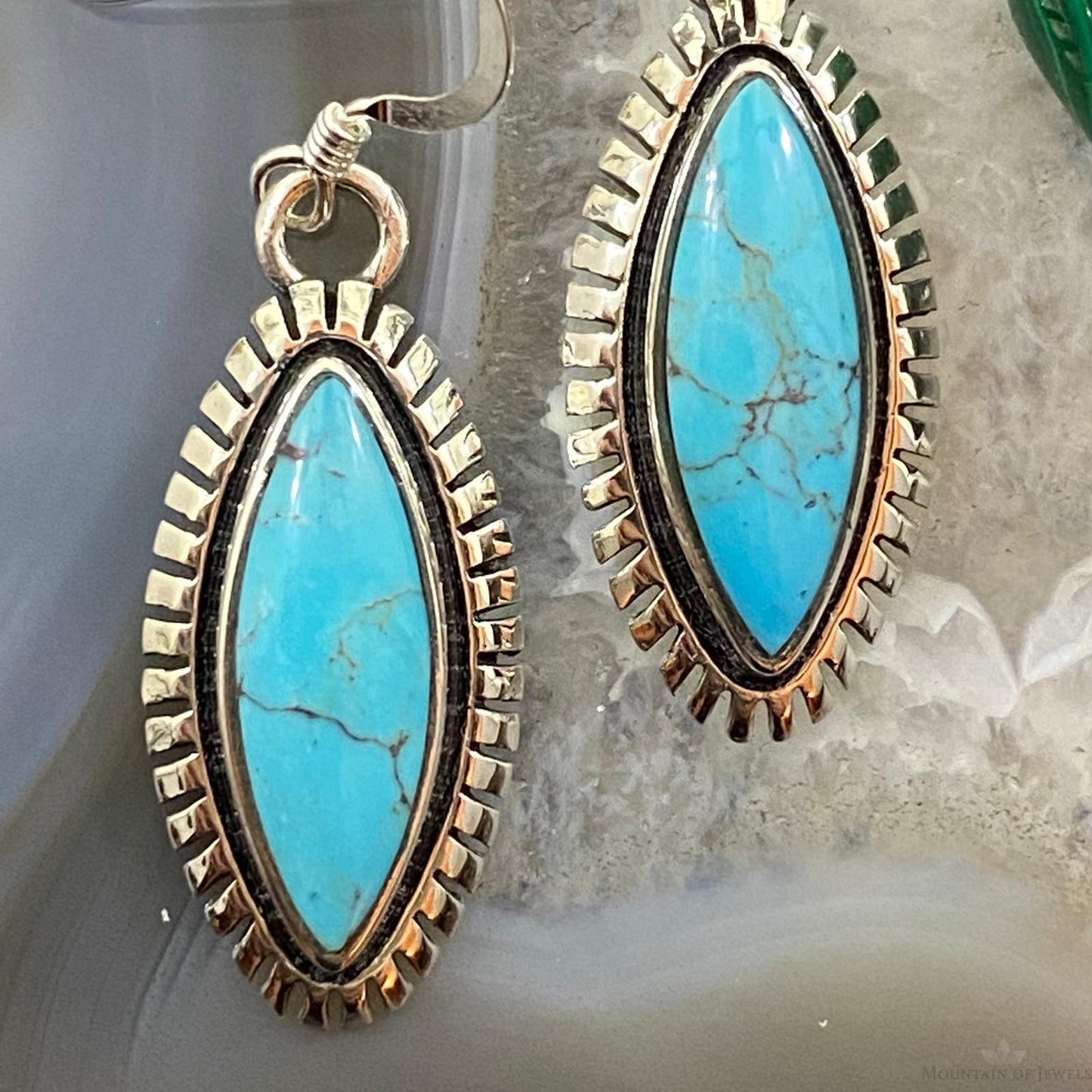 Native American Sterling Silver Marquise Turquoise Dangle Earrings For Women