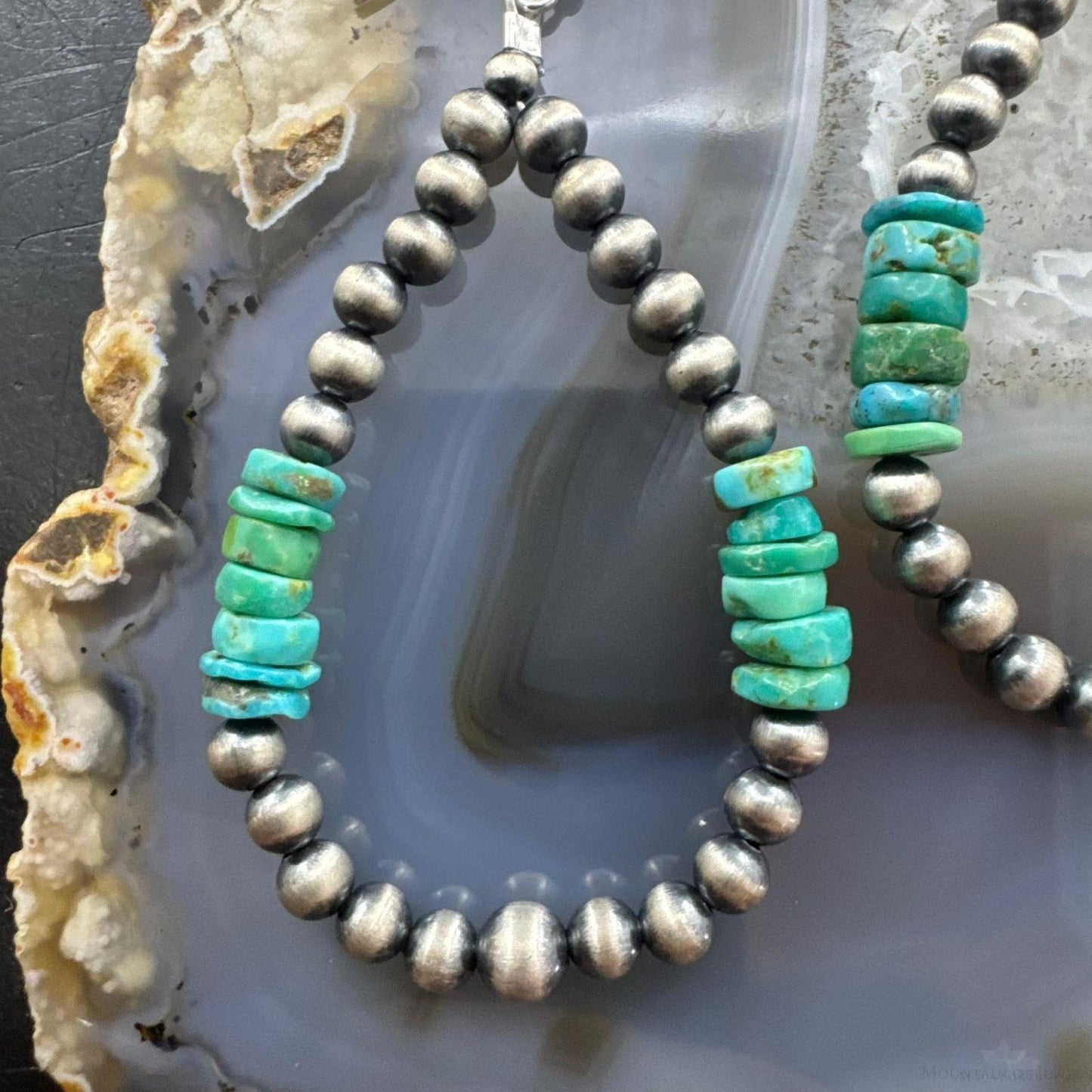 Sterling Silver 4mm Navajo Pearl Southwester Style & 6mm Turquoise Bead Hoop Earrings For Women