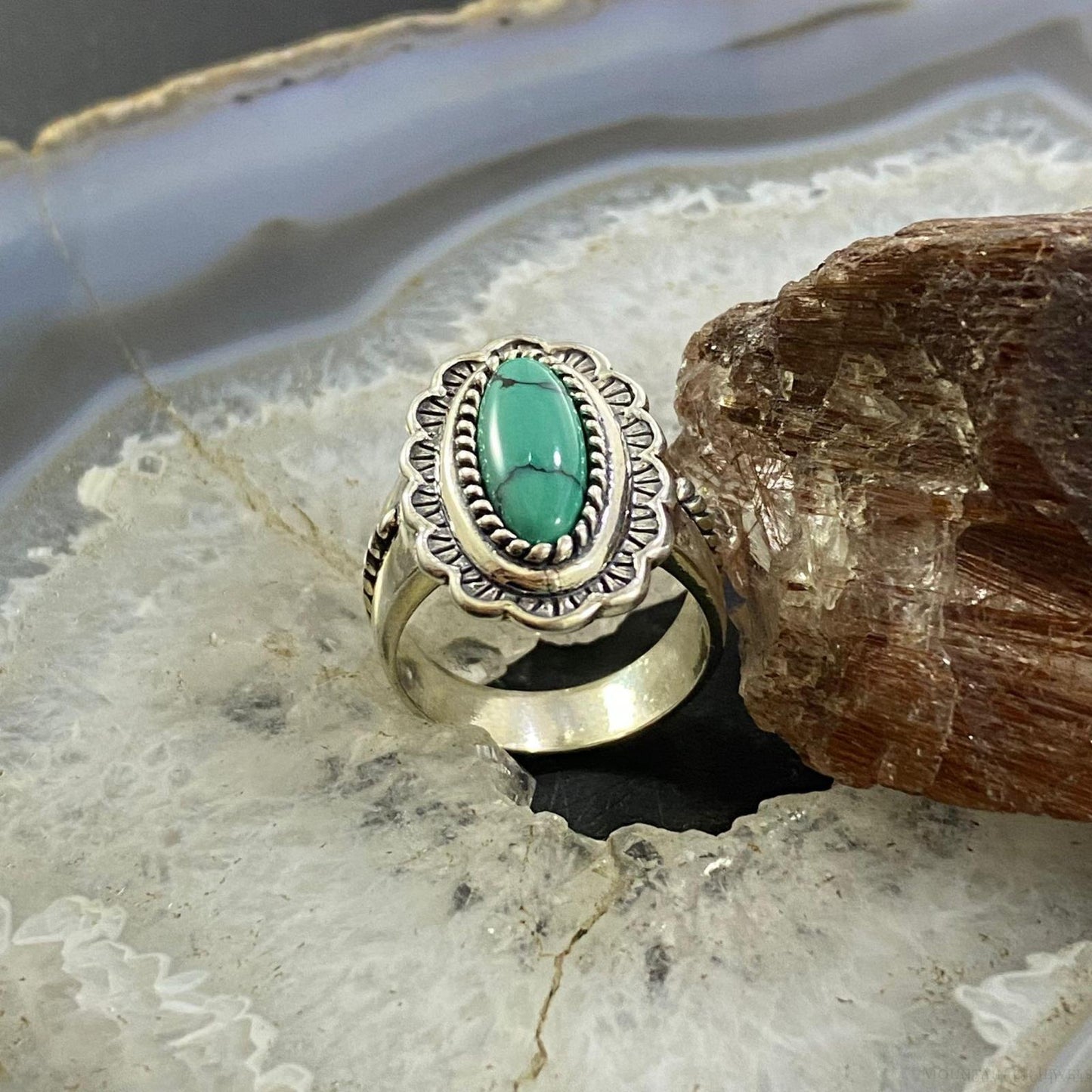 Carolyn Pollack Southwestern Style Sterling Silver Elongated Oval Turquoise Decorated Ring For Women