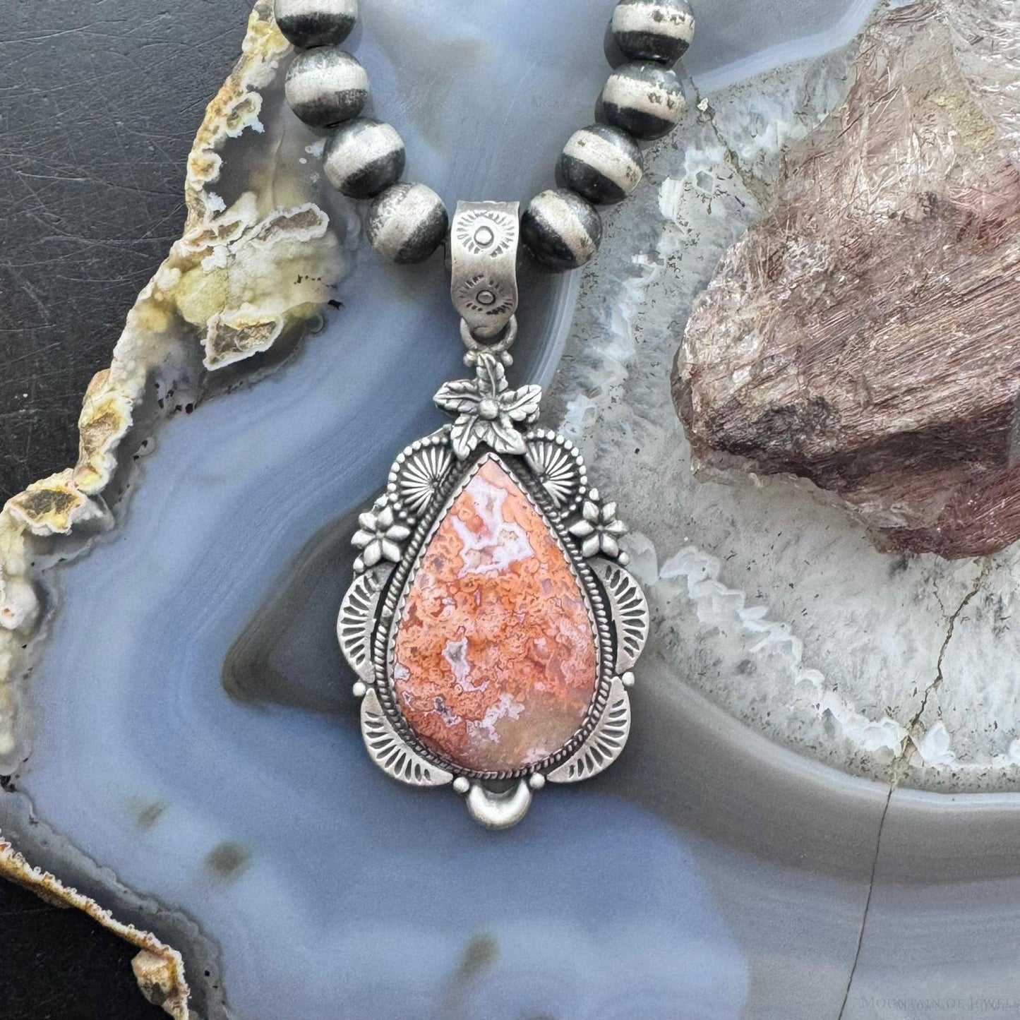 Sterling Silver Southwestern Style Teardrop Red Plum Decorated Pendant For Women