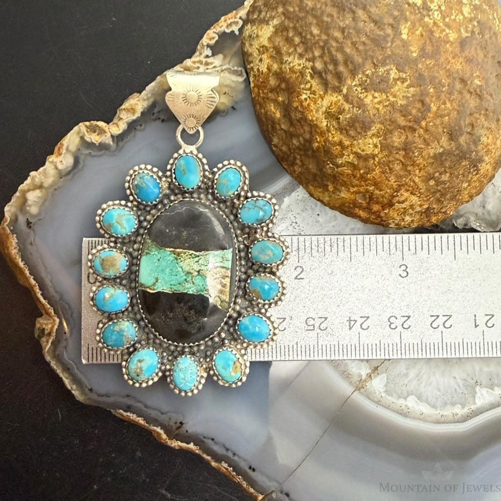 Sterling Silver Southwestern Style Oval Blackjack Turquoise Cluster Pendant For Women