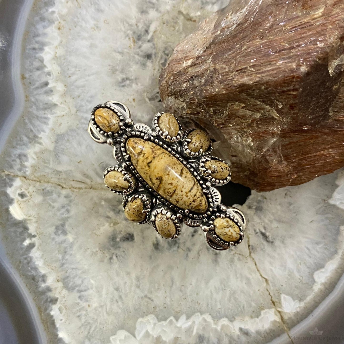 Carolyn Pollack Southwestern Style Sterling Silver Picture Jasper Decorated Cluster Ring 5.5 & 6.5 For Women
