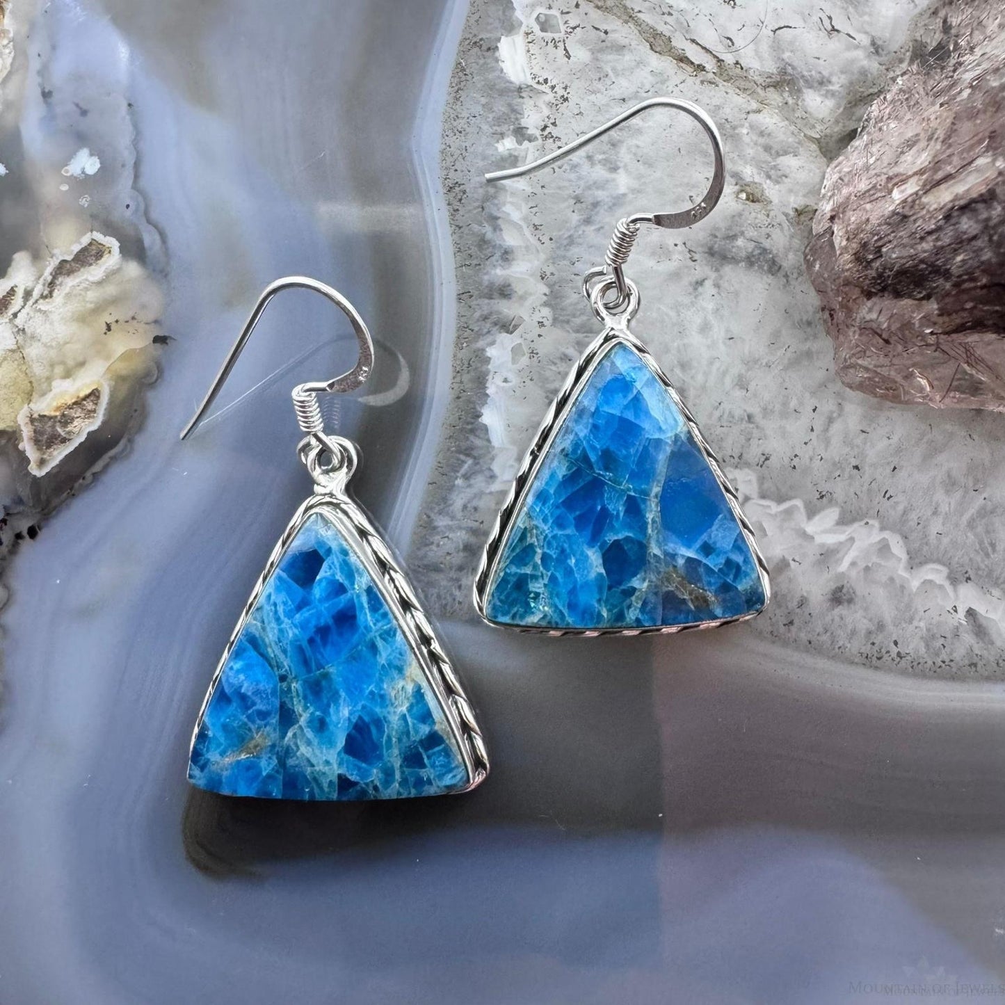 Sterling Silver Southwestern Style Triangle Blue Apatite Dangle Earrings For Women