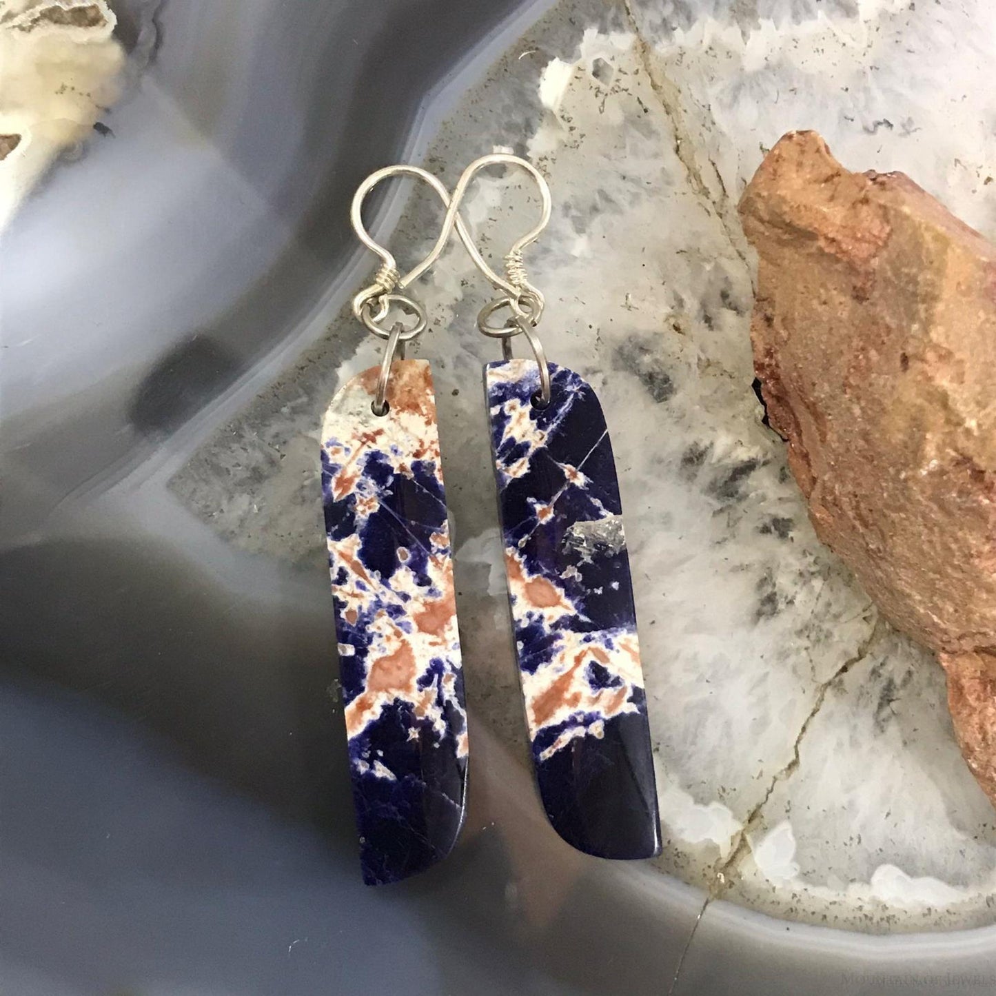 Sterling Silver Elongated Tilde Shape Blue Sodalite Slab Dangle Earrings For Women #217