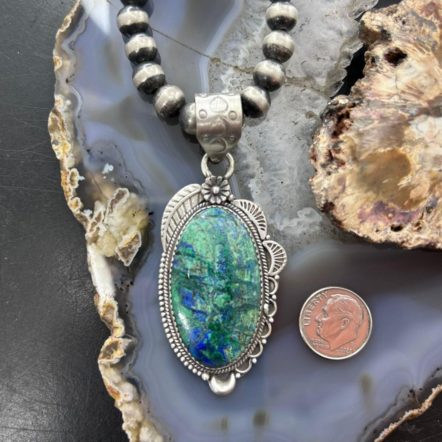 Sterling Silver Southwestern Style Elongated Chrysocolla Decorated Pendant For Women