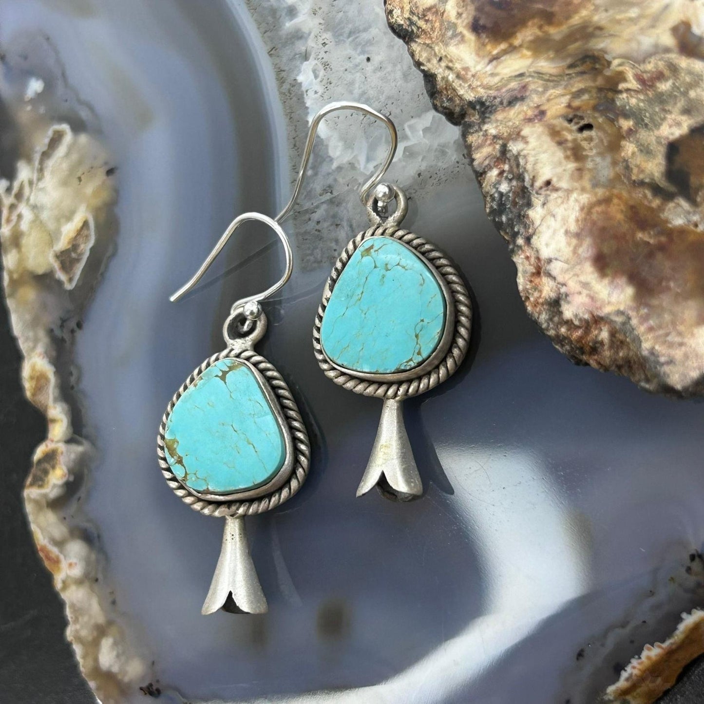 Sterling Silver Southwestern Style Turquoise Squash Blossom Dangle Earrings For Women #4