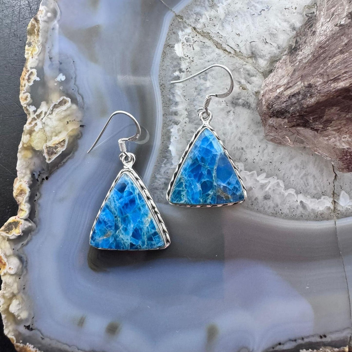 Sterling Silver Southwestern Style Triangle Blue Apatite Dangle Earrings For Women
