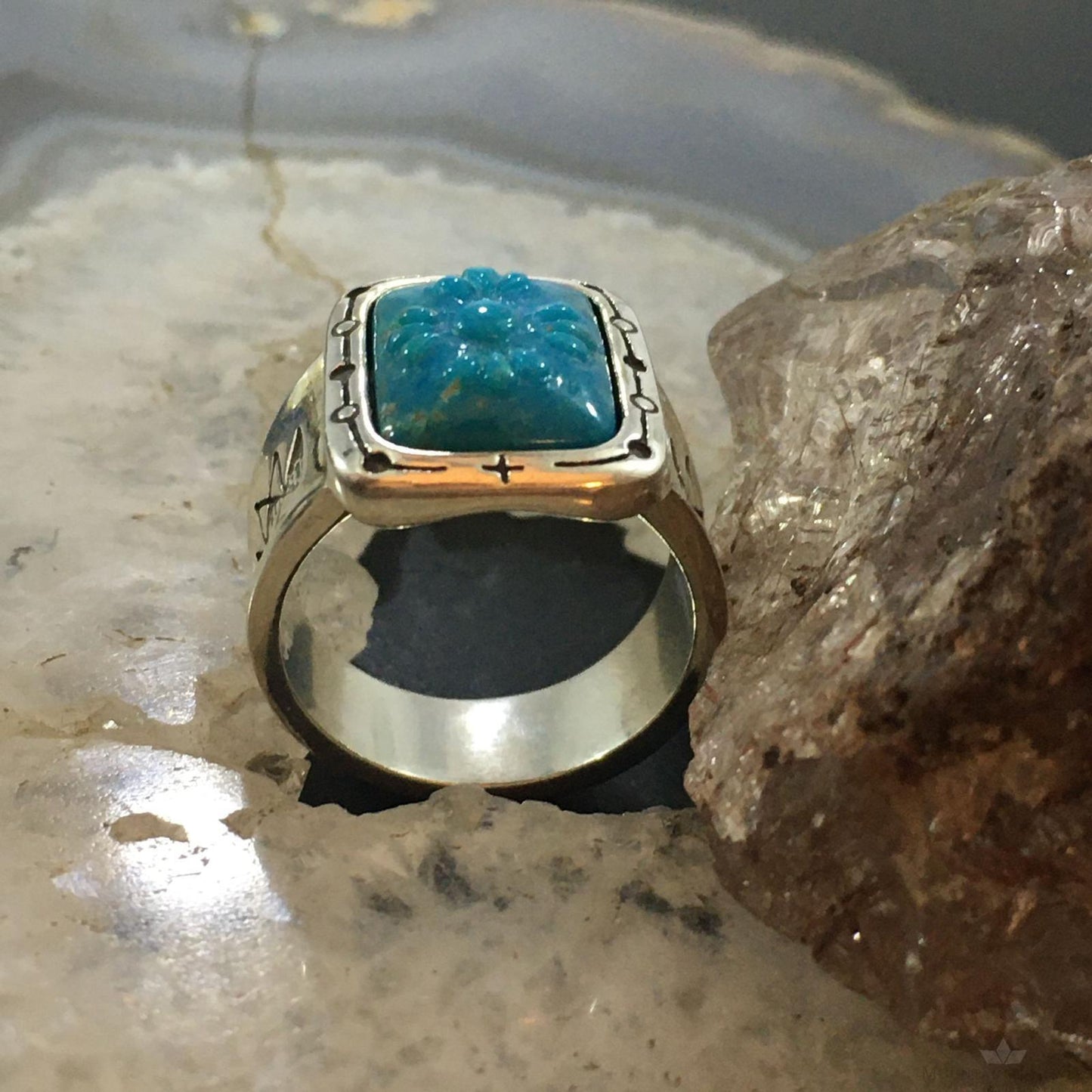 Carolyn Pollack Sterling Silver Rectangle Carved Turquoise Decorated Ring For Women
