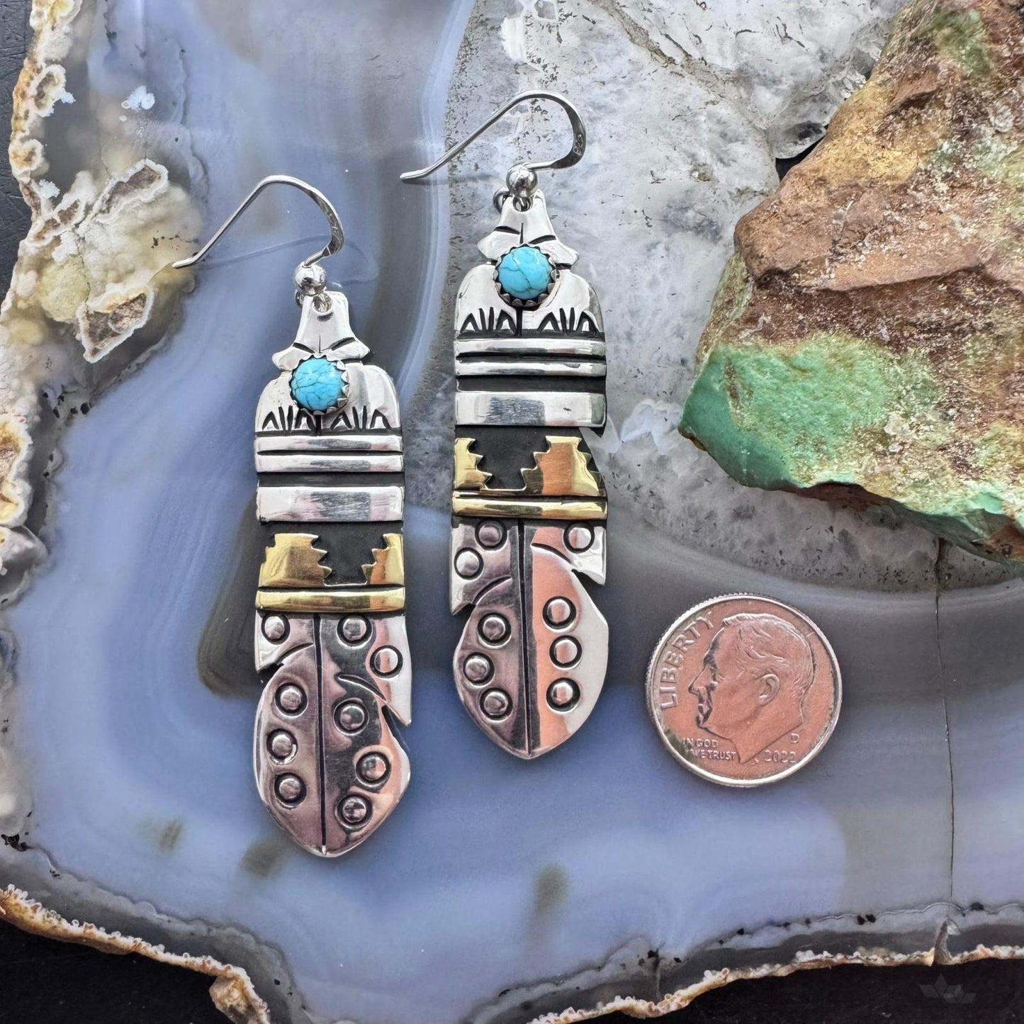 Tommy & Rosita Singer Sterling Silver & Gold Filled Turquoise Feather Dangle Earrings For Women