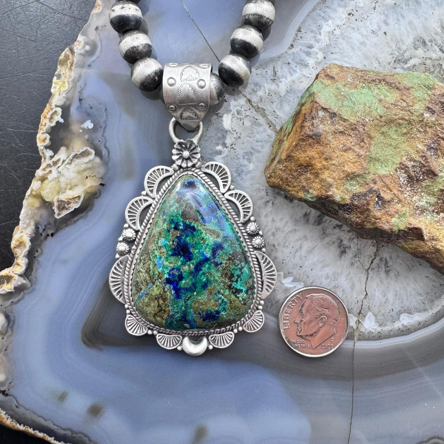 Sterling Silver Southwestern Style Teardrop Chrysocolla Decorated Pendant For Women