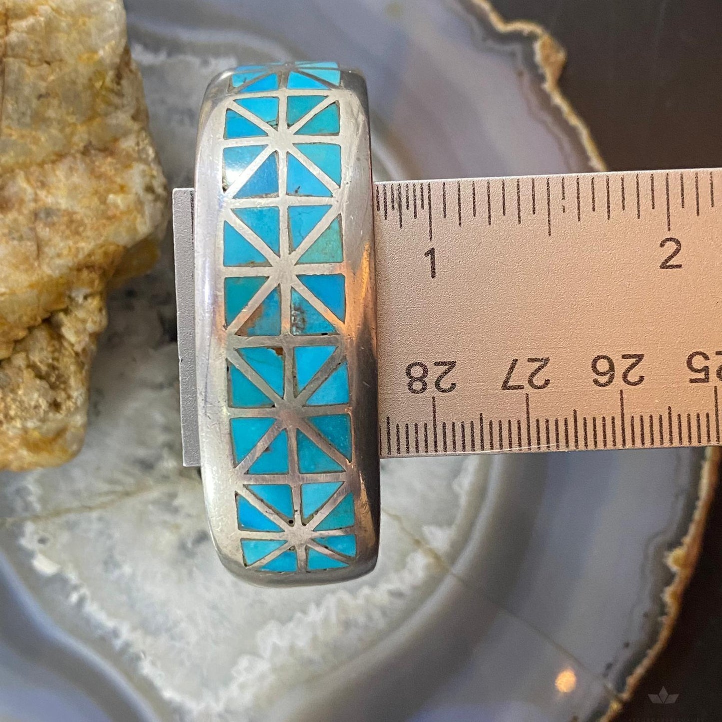 Vintage Native American Silver Geometric Turquoise Inlay Bracelet For Women