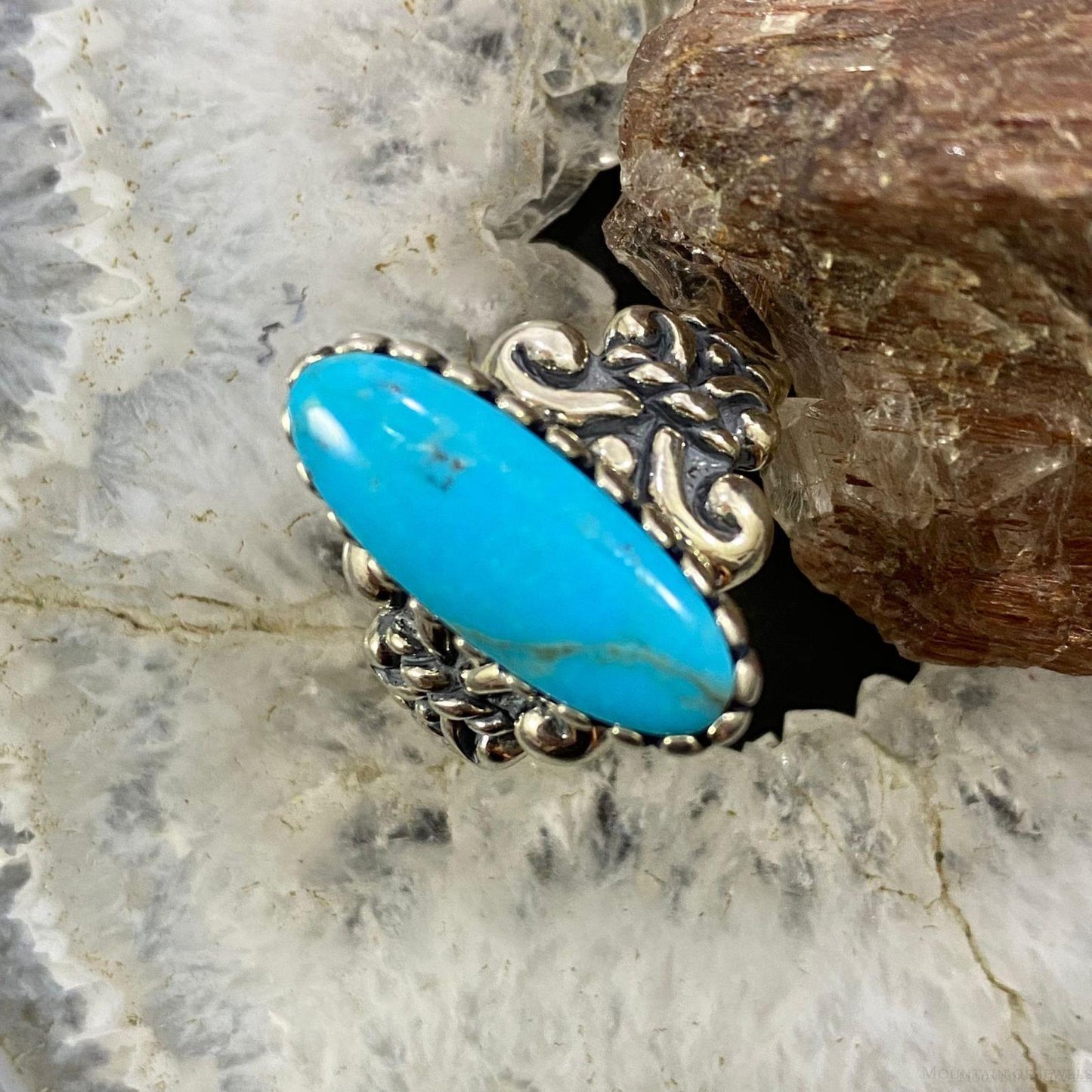 Carolyn Pollack Southwestern Style Sterling Silver Oval Blue Turquoise Decorated Ring For Women