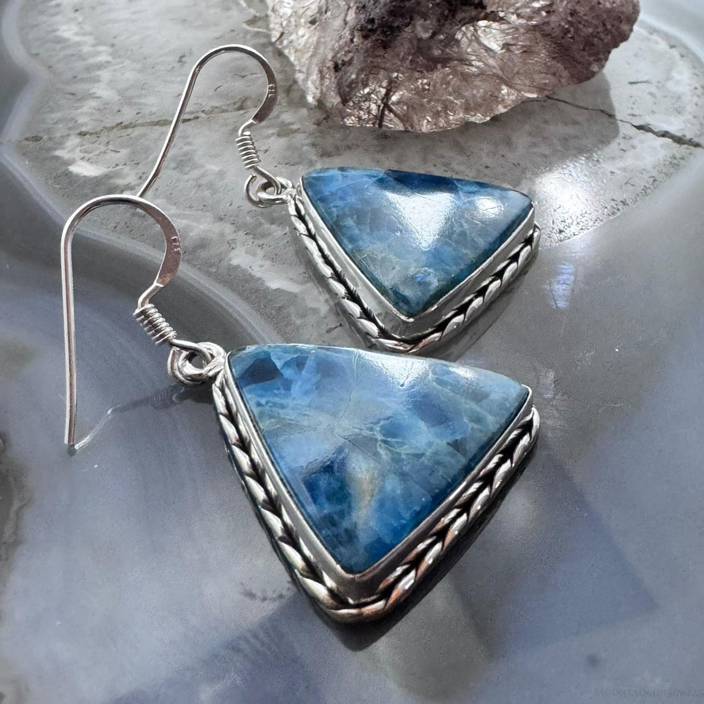 Sterling Silver Southwestern Style Triangle Blue Apatite Dangle Earrings For Women