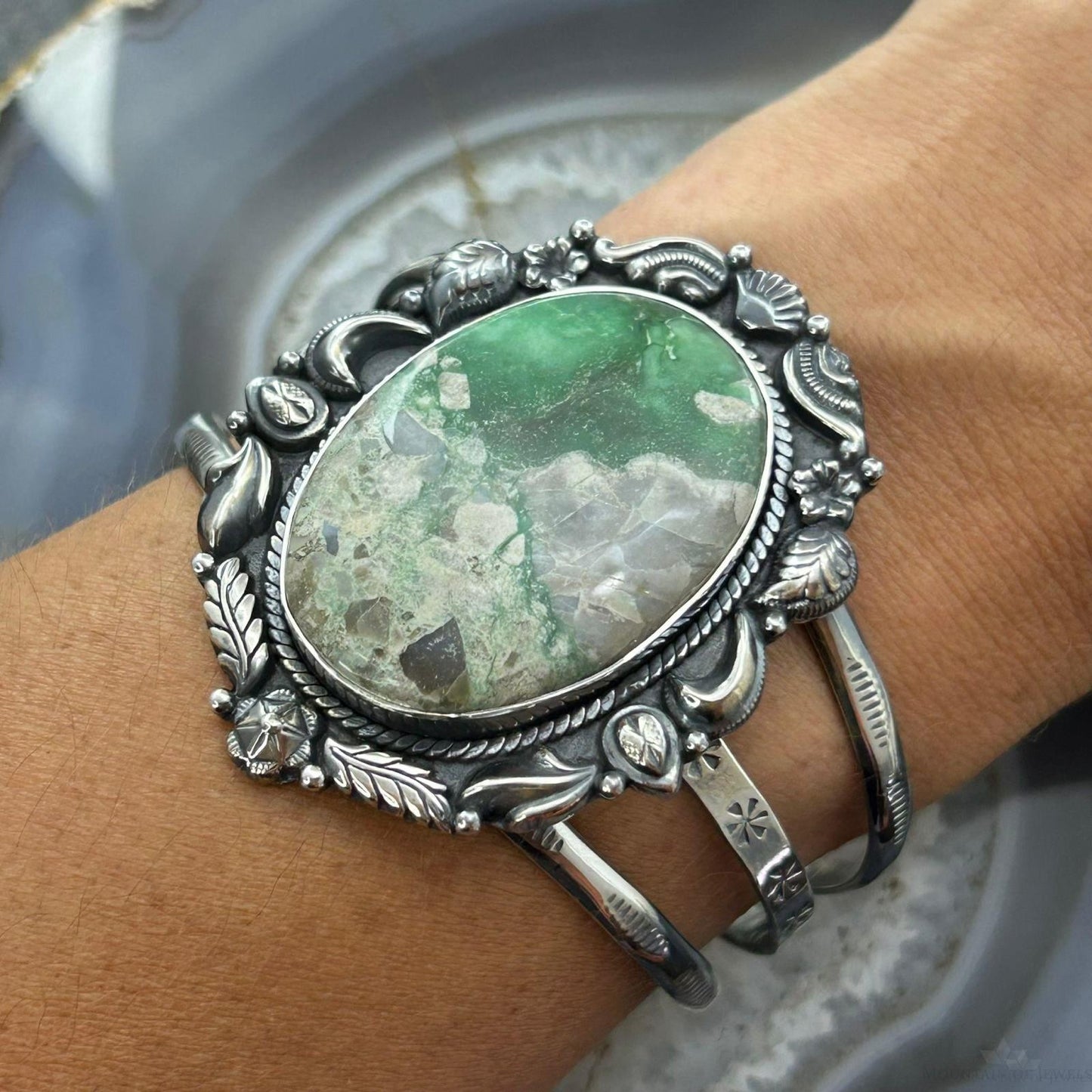 Sterling Silver Southwestern Style Large Oval Variscite Decorated Bracelet For Women