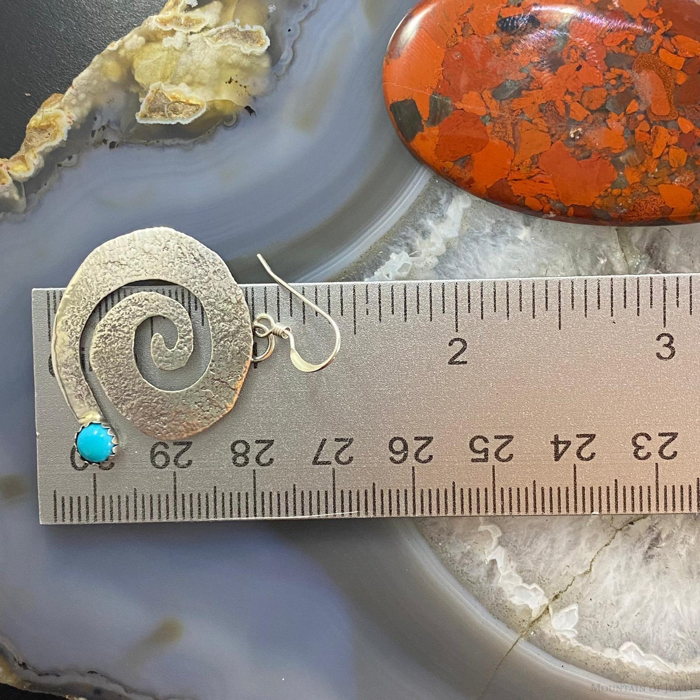 Brad Panteah Native American Sterling Turquoise Hammered Spiral Dangle Earrings